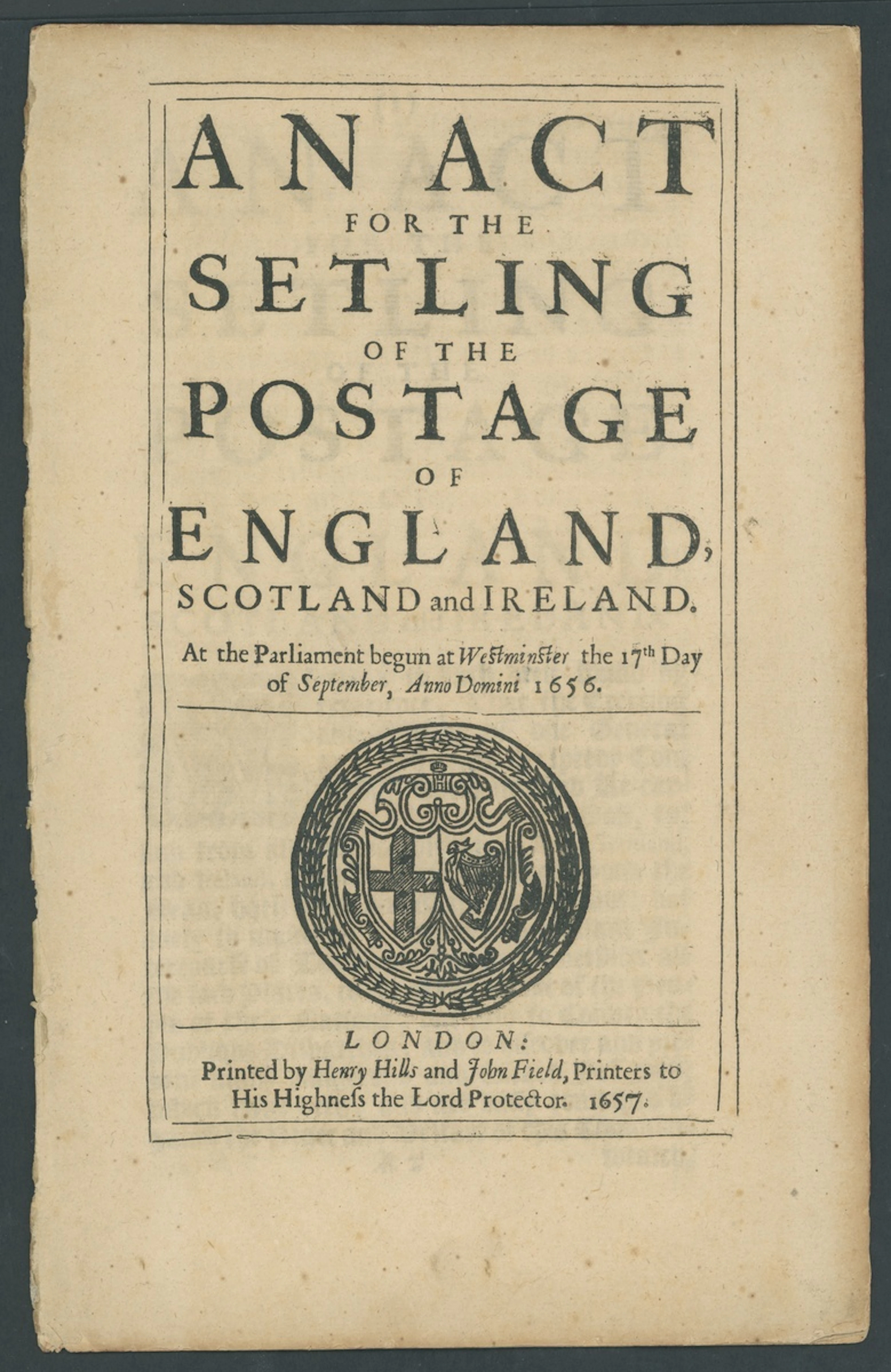 Great Britain Postal History 1656 (Sept. 17), "an act/for the/settling/of