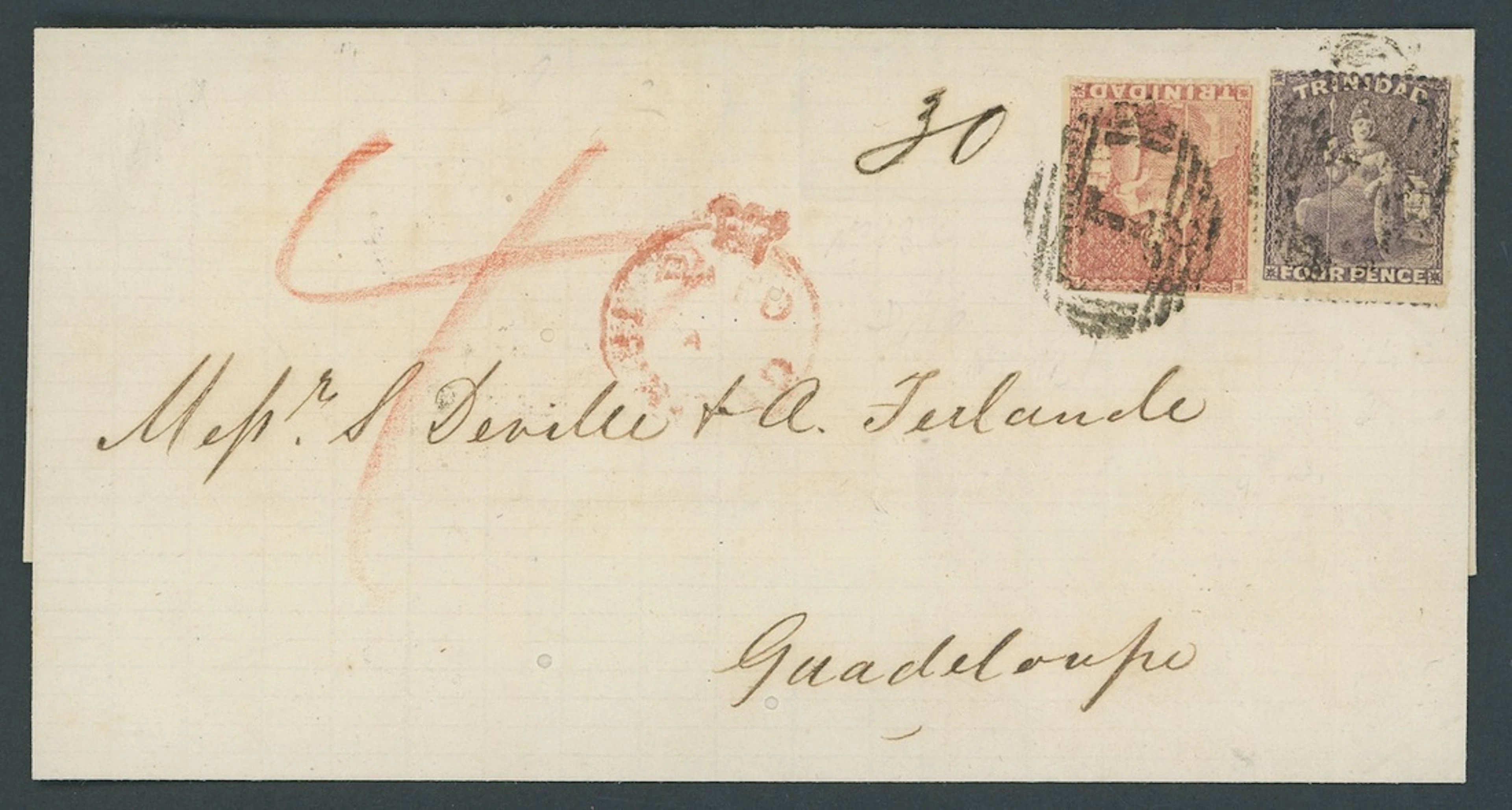 Trinidad Covers and Cancellations 1862 (24 Feb.) entire to Guadeloupe