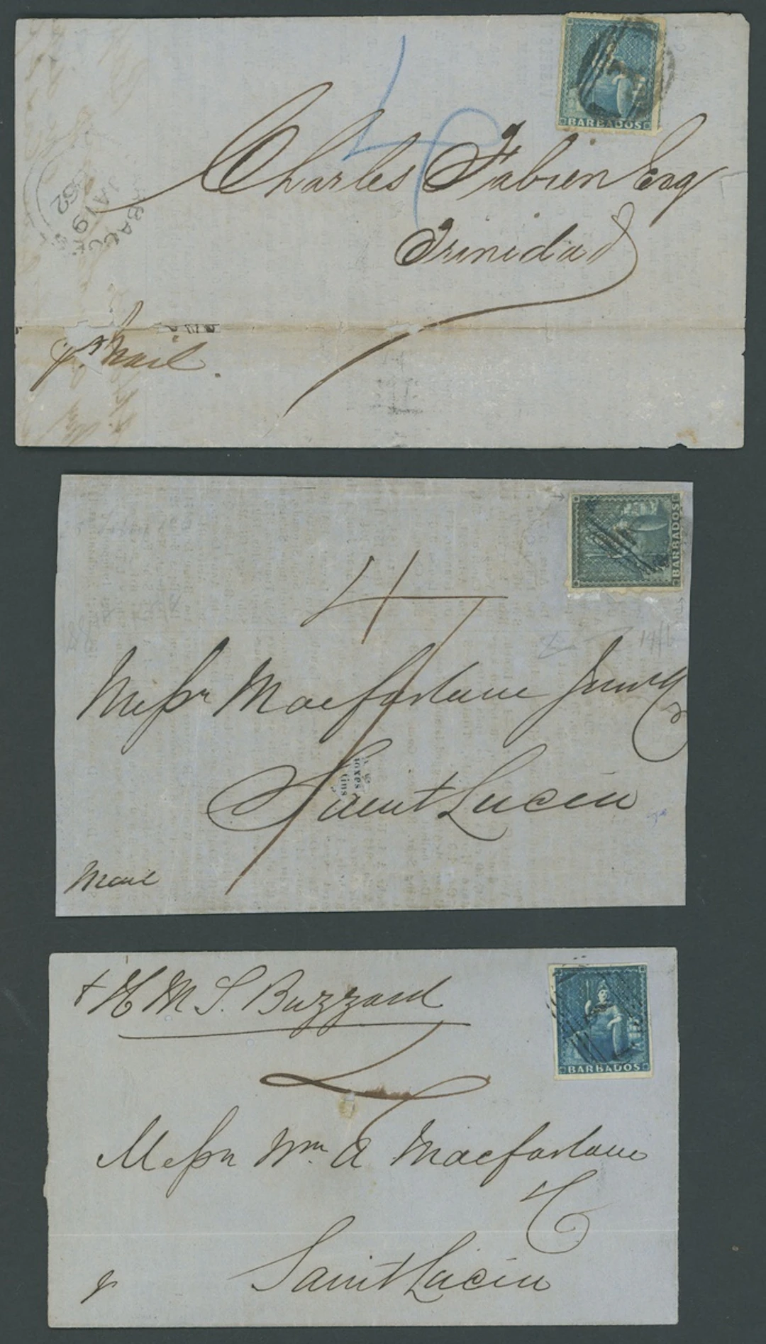 Barbados Britannia Issues Covers 1857 (6 Dec.) entire (no side flaps