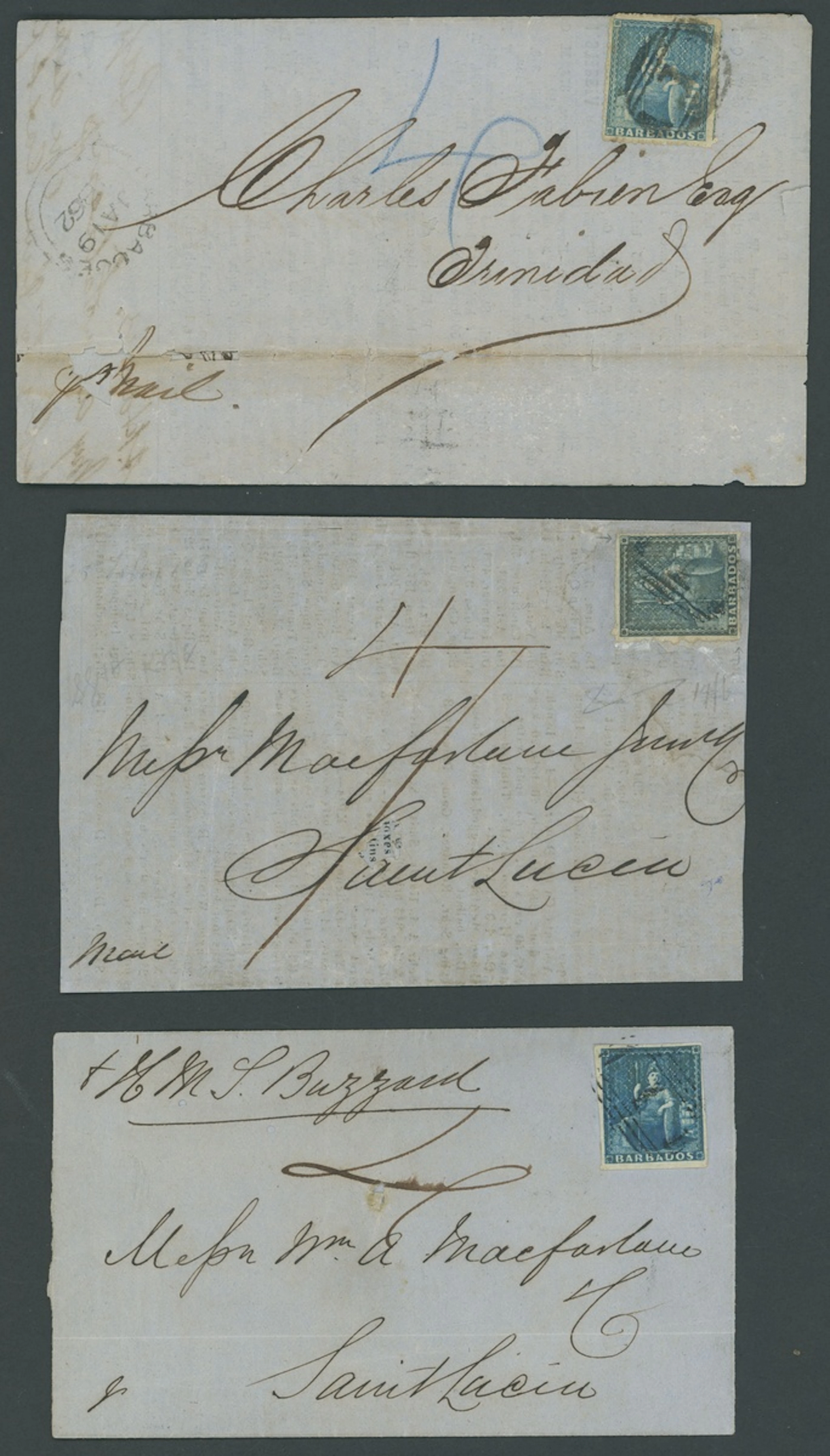 Barbados Britannia Issues Covers 1857 (6 Dec.) entire (no side flaps