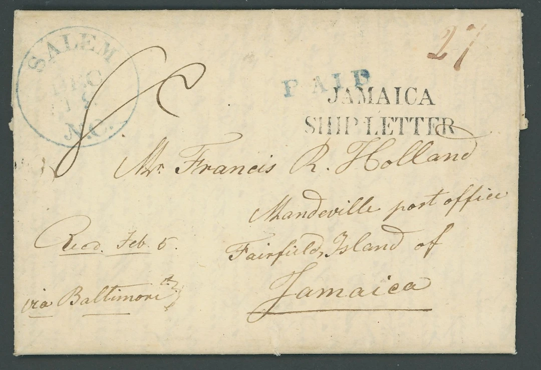 Jamaica Ship Letter Handstamps 1844 (9 Dec.) entire letter from Salem