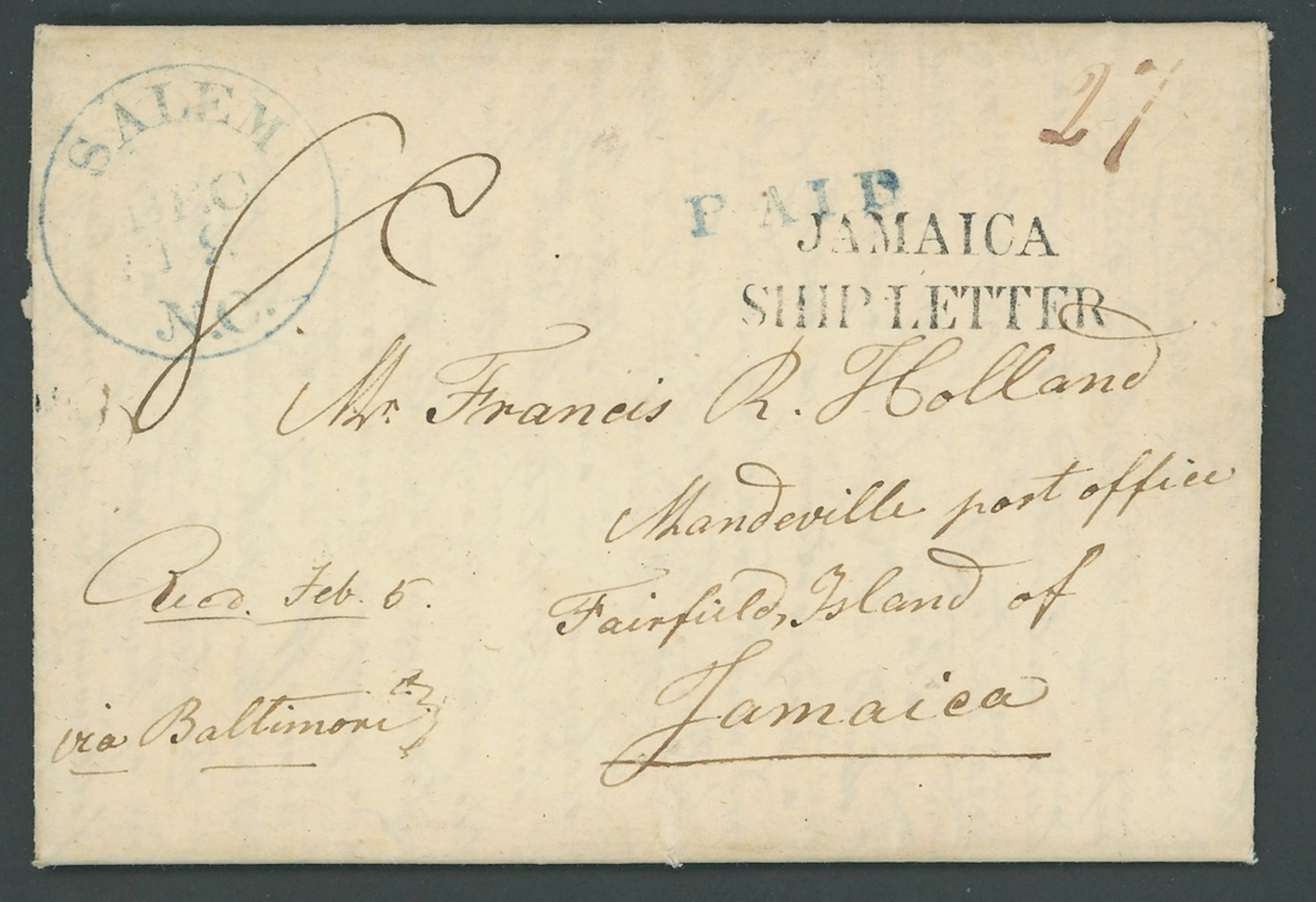 Jamaica Ship Letter Handstamps 1844 (9 Dec.) entire letter from Salem