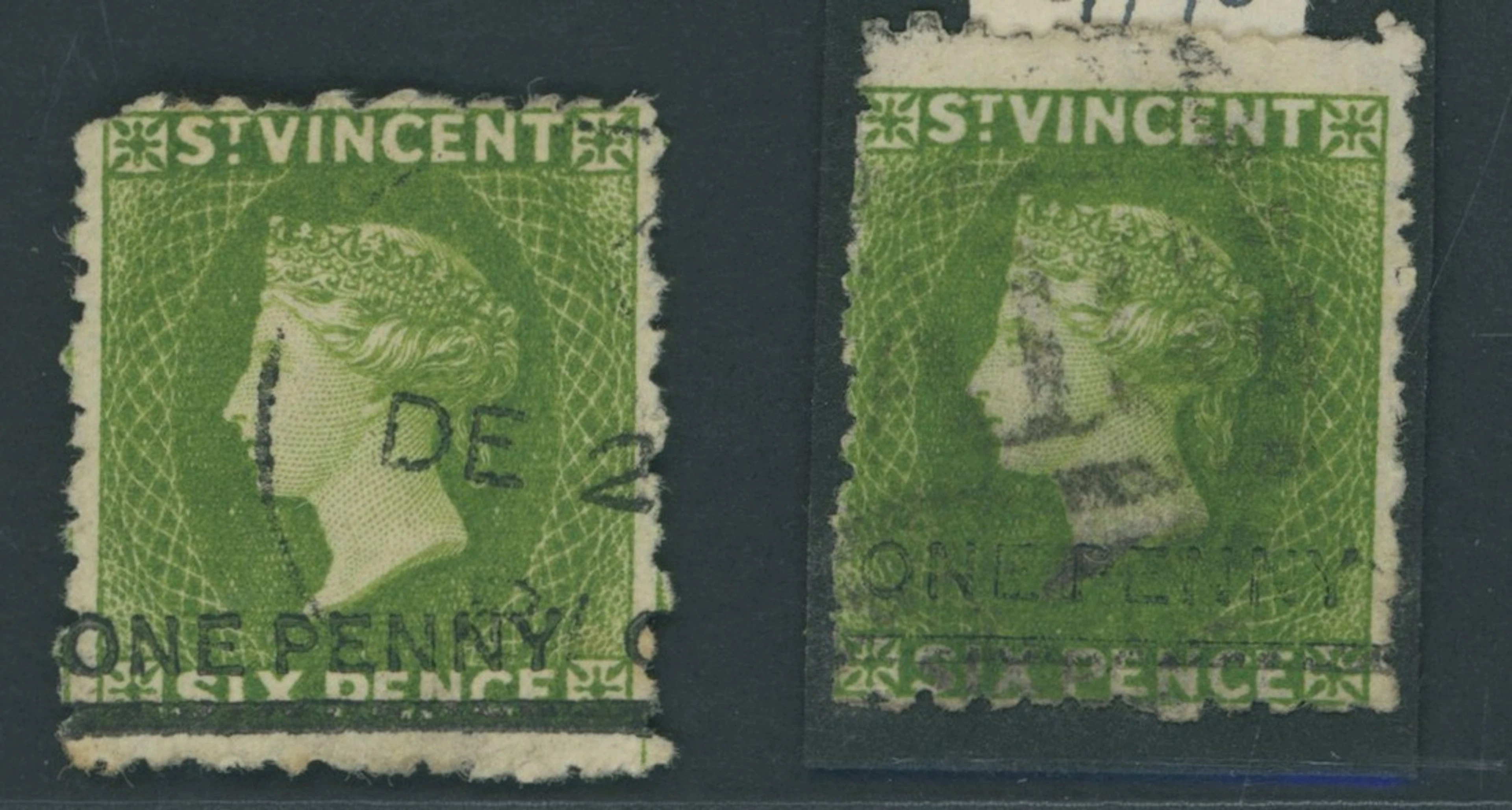 St. Vincent 1881 "one penny" on 6d. bright green, two examples, one
