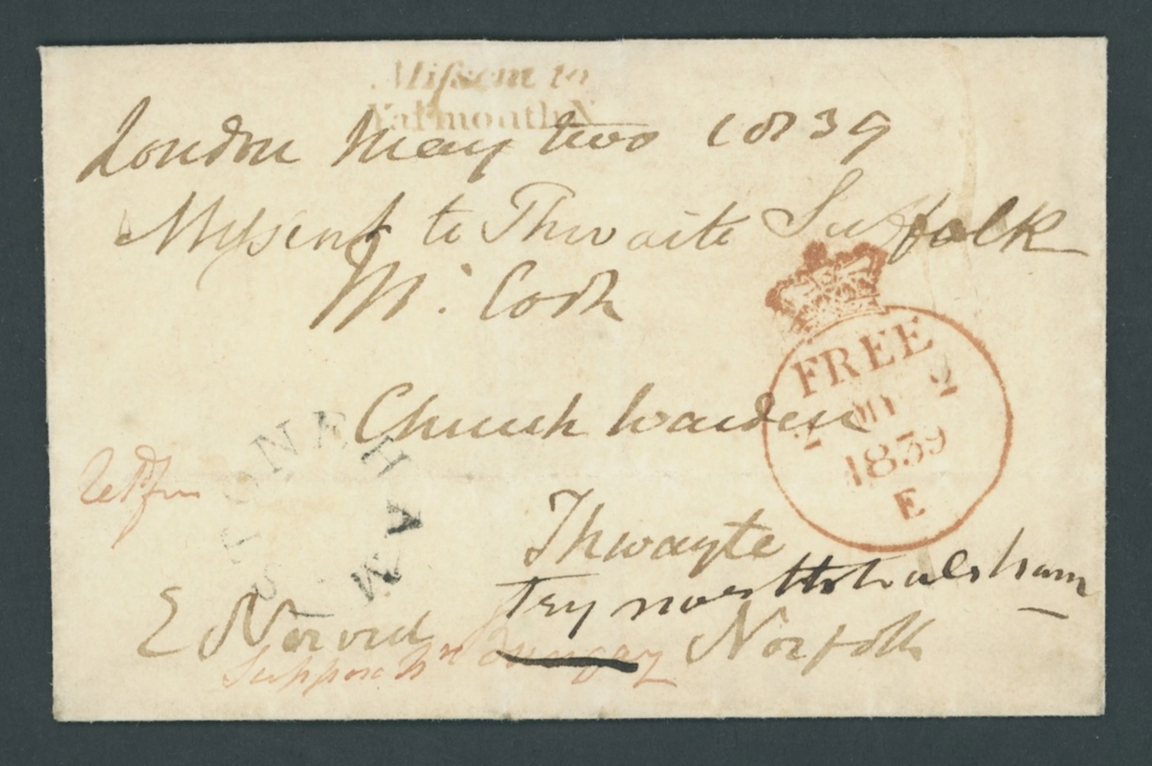 Great Britain Postal History 1839 (2 May), entire to Norfolk, with