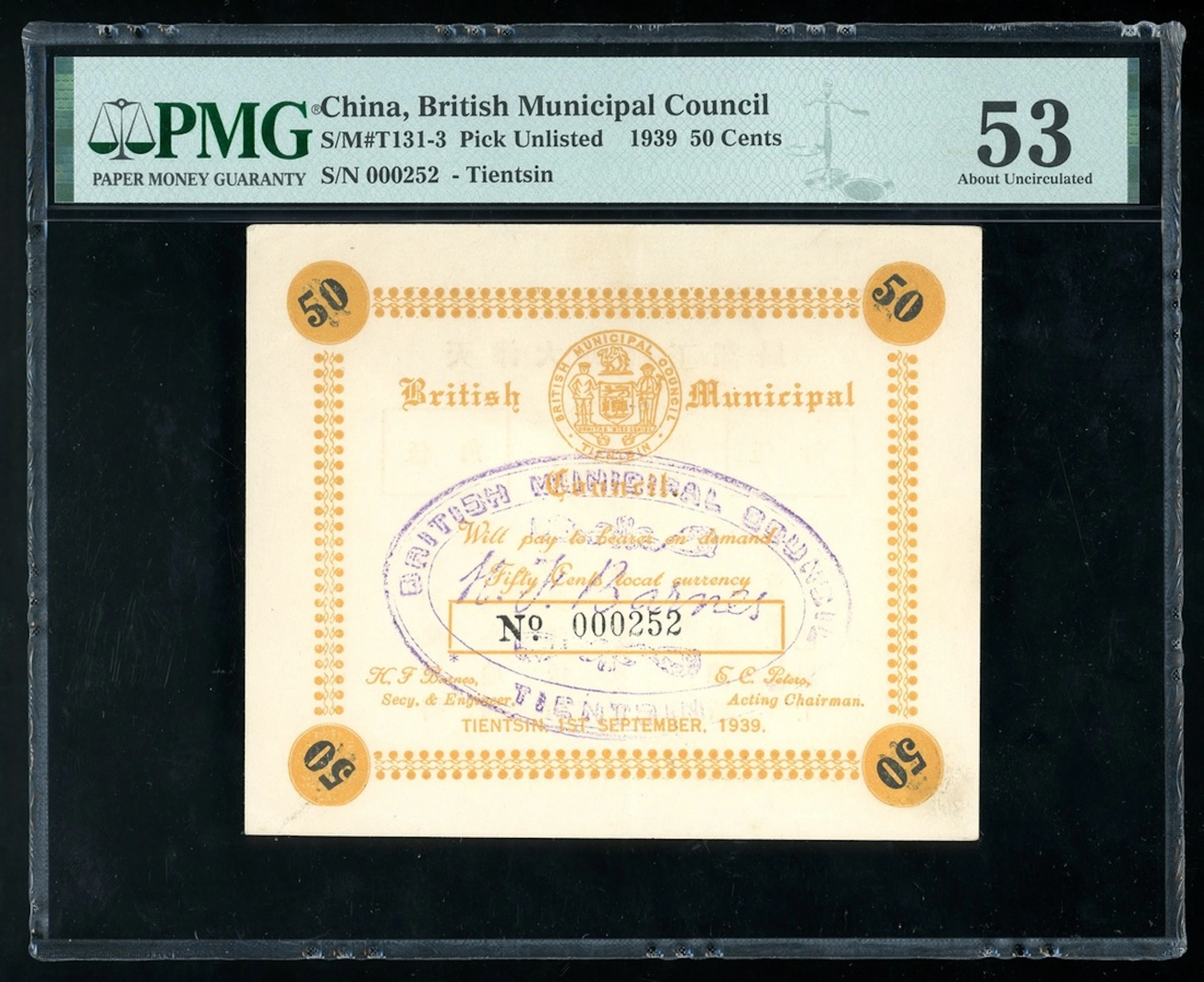 British Municipal Council, China, 50 cents, 1.9.1939, serial number