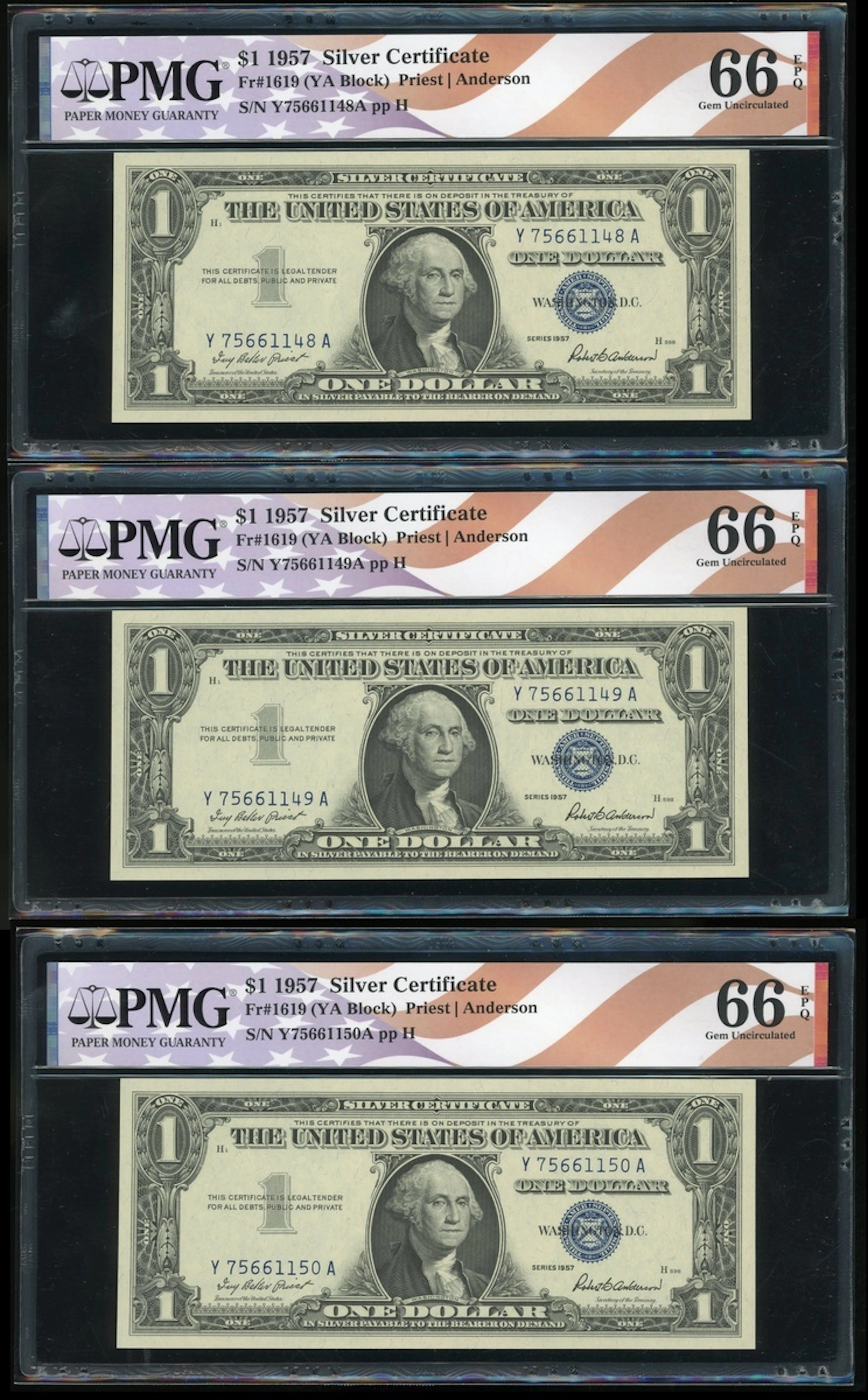 United States, Silver Certificate, consecutive $1 (3), 1957, serial