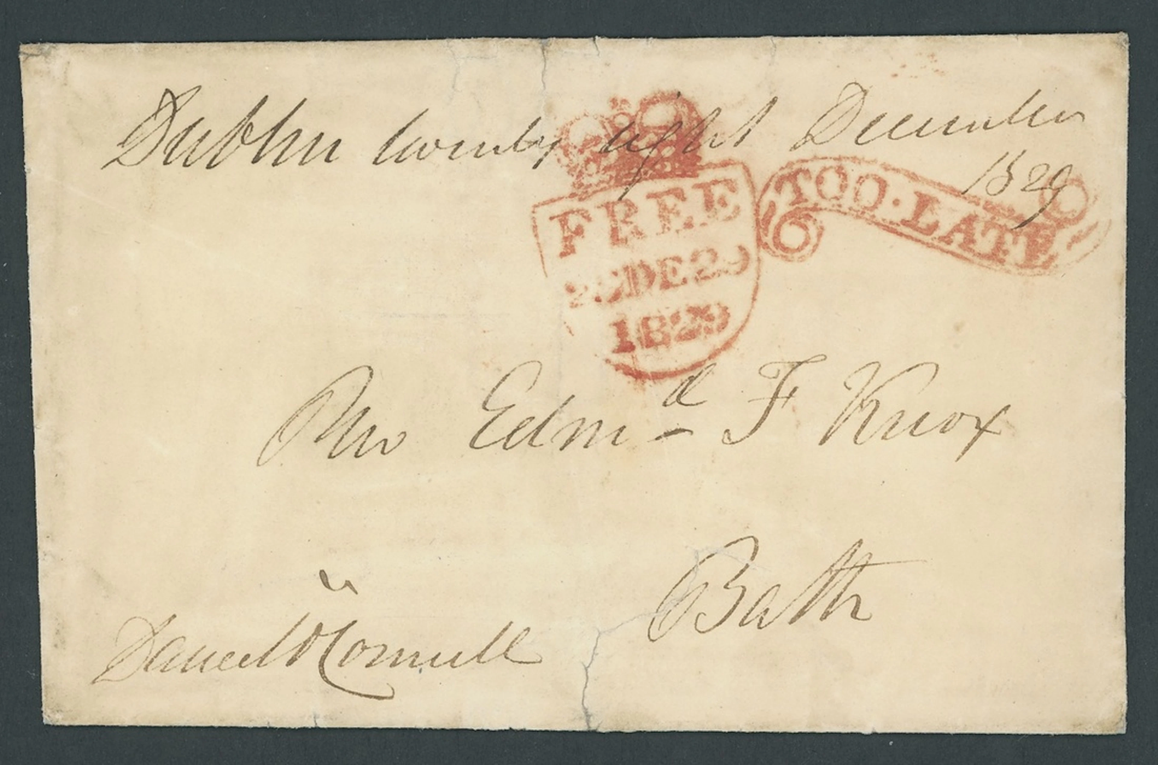 Great Britain Postal History 1829 (29 Dec.), entire from Dublin to