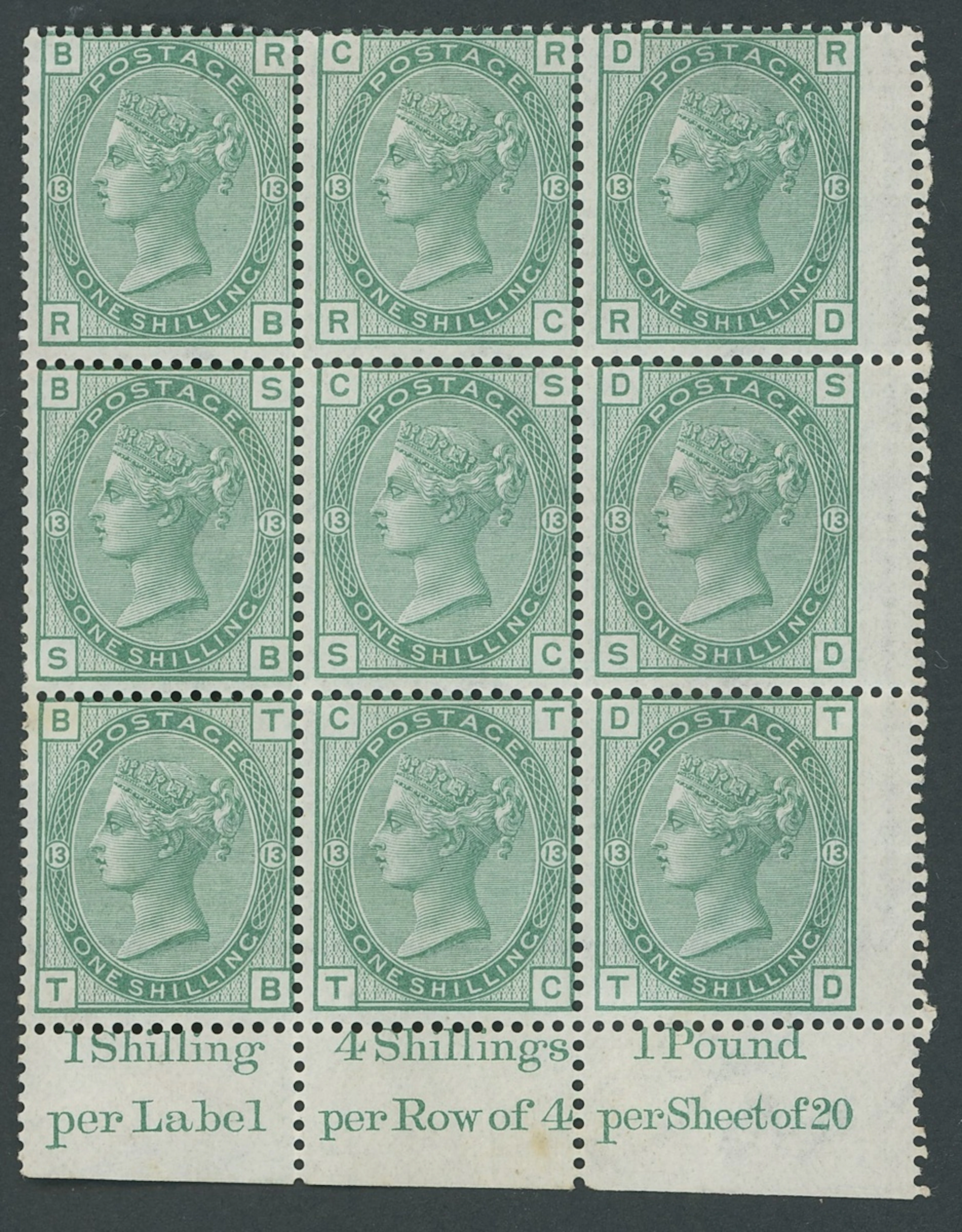 Great Britain Surface Printed Issues 1873-80 1/- green, Plate 13