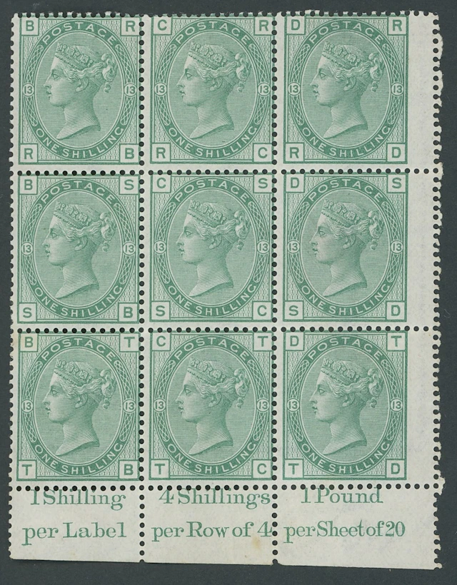 Great Britain Surface Printed Issues 1873-80 1/- green, Plate 13