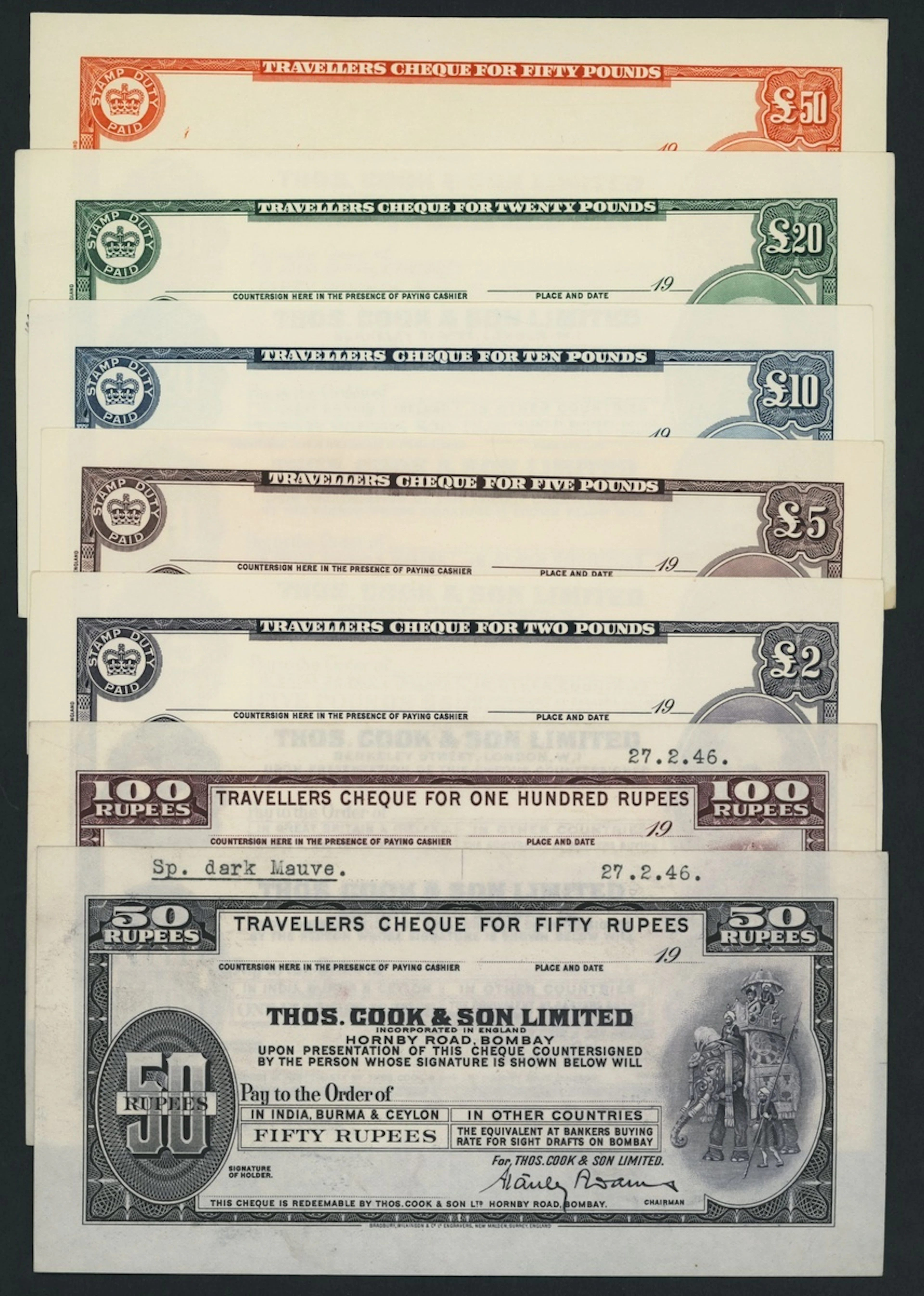 Thos. Cook & Son Limited, [7 notes] traveller's cheque proofs for