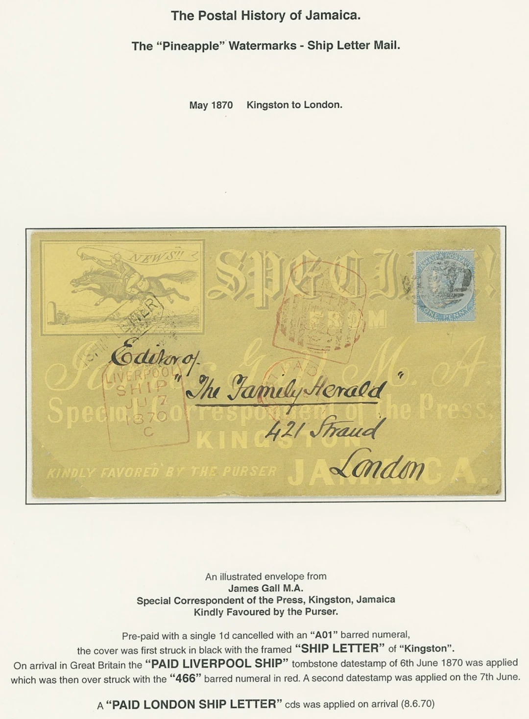 Jamaica Covers and Cancellations "A01" 1870 (May) printed illustrated