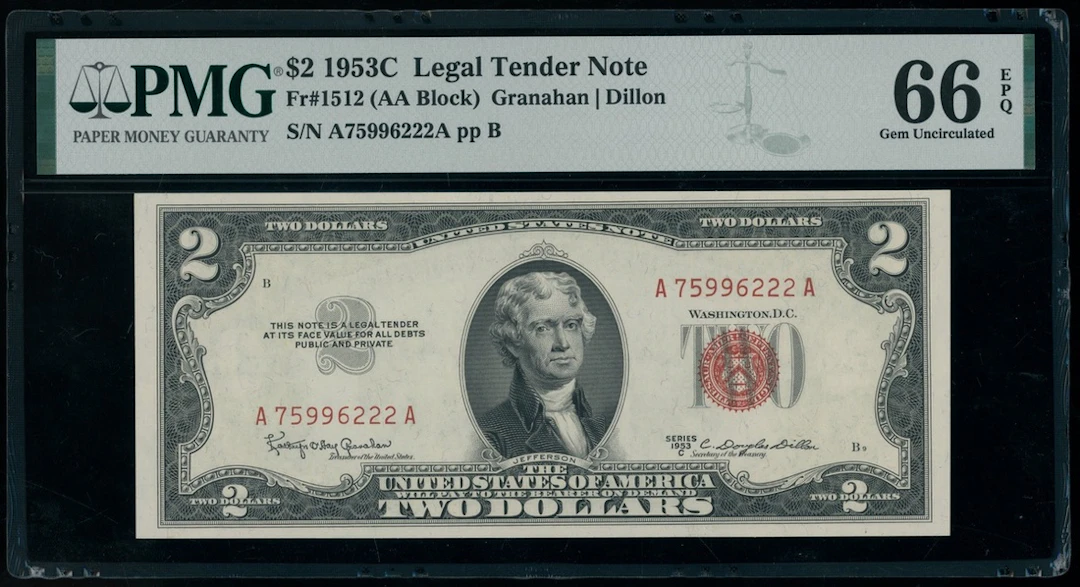 United States, Legal Tender Note, $2, 1953C, serial number C75755522A