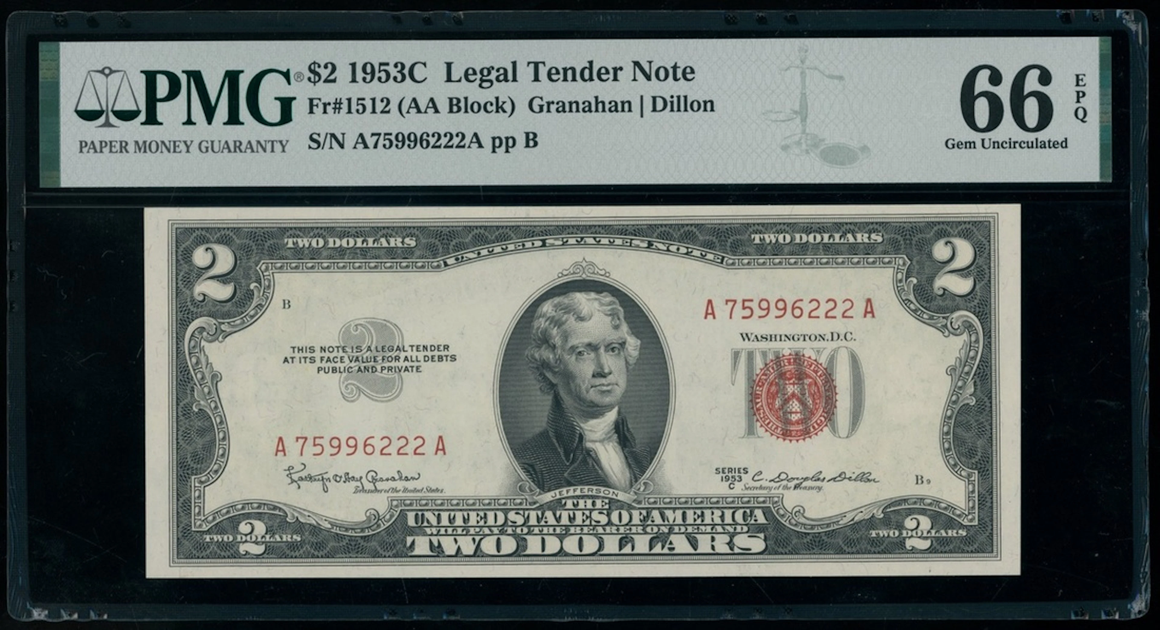 United States, Legal Tender Note, $2, 1953C, serial number C75755522A