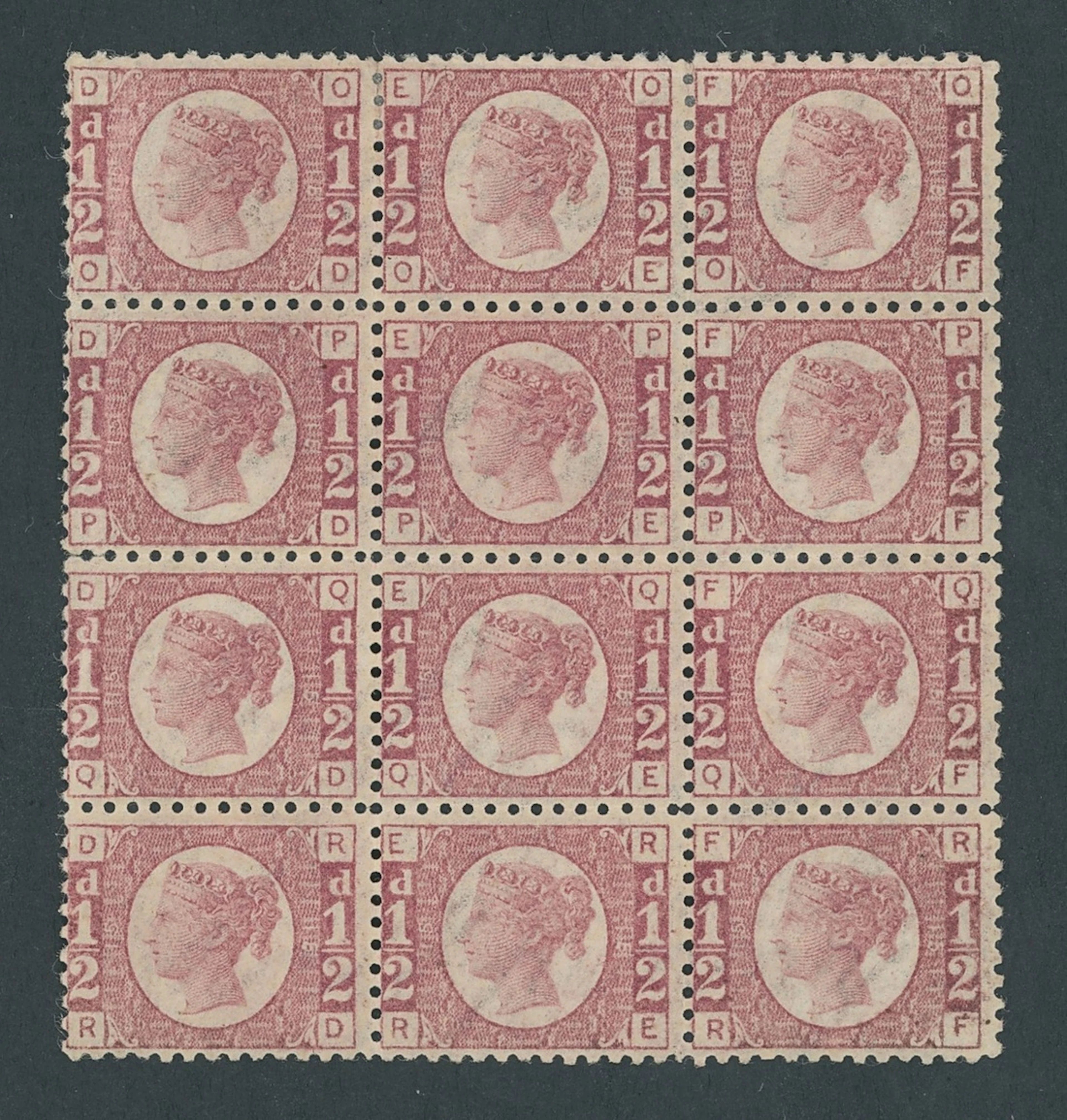 Great Britain 1870-79 Halfpenny Plate 15: OD-RF block of twelve (3x4)
