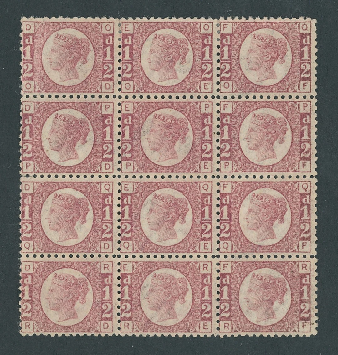 Great Britain 1870-79 Halfpenny Plate 15: OD-RF block of twelve (3x4)