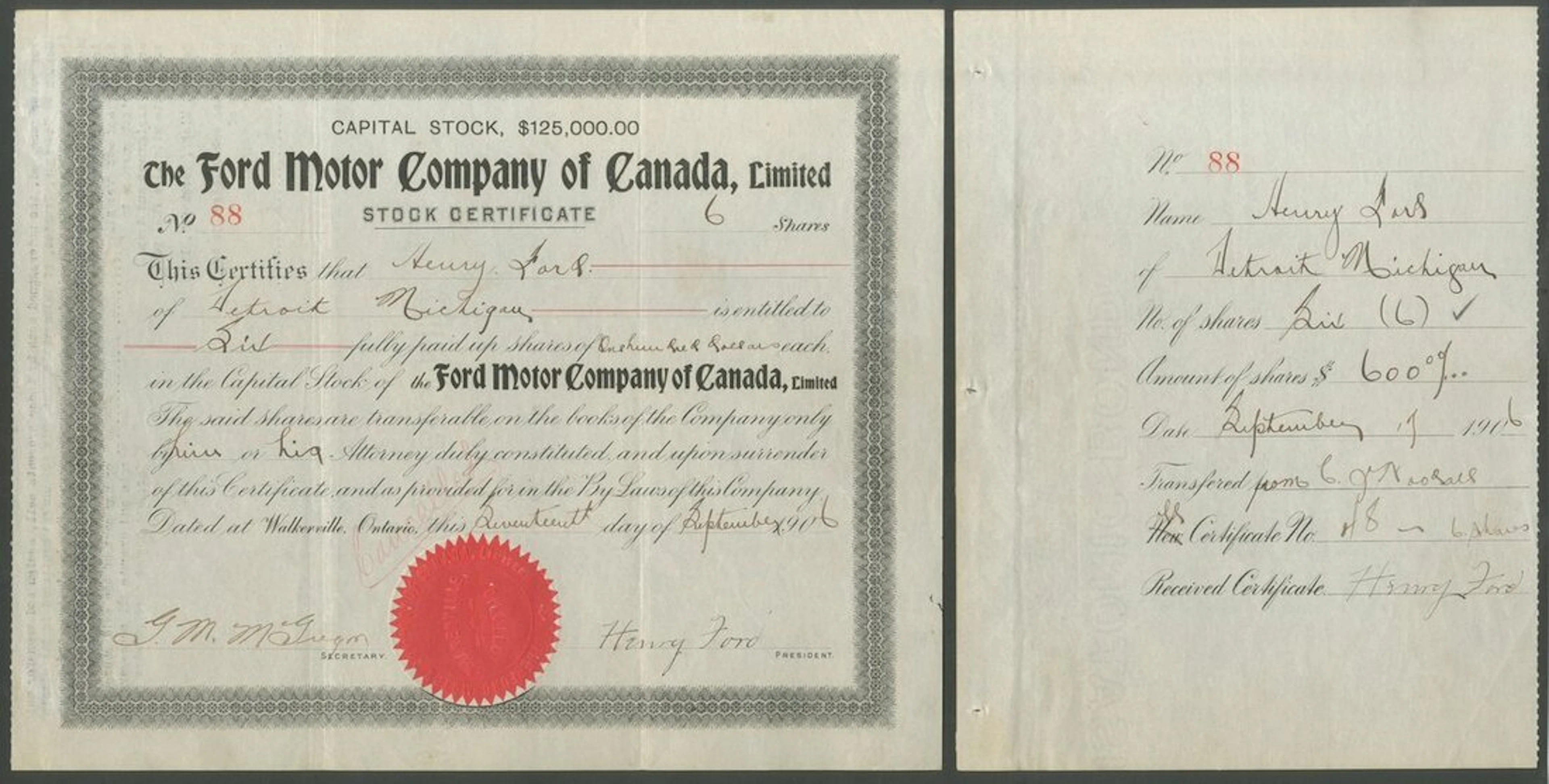 Ford Motor Company of Canada, 6 shares, Walkerville (now Windsor)