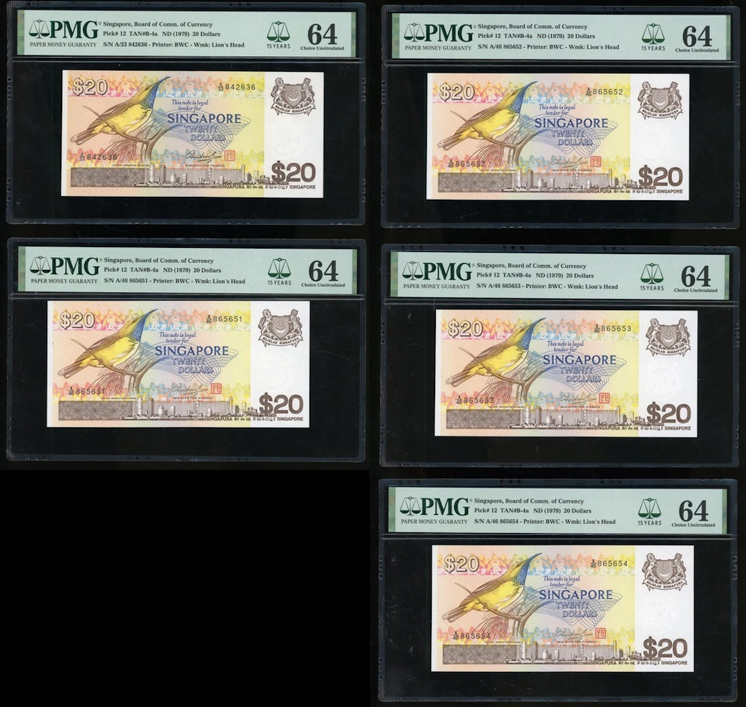 Singapore, $20 (5), ND (1979), serial number A/33 842636, A/46 865651/2/3/4
