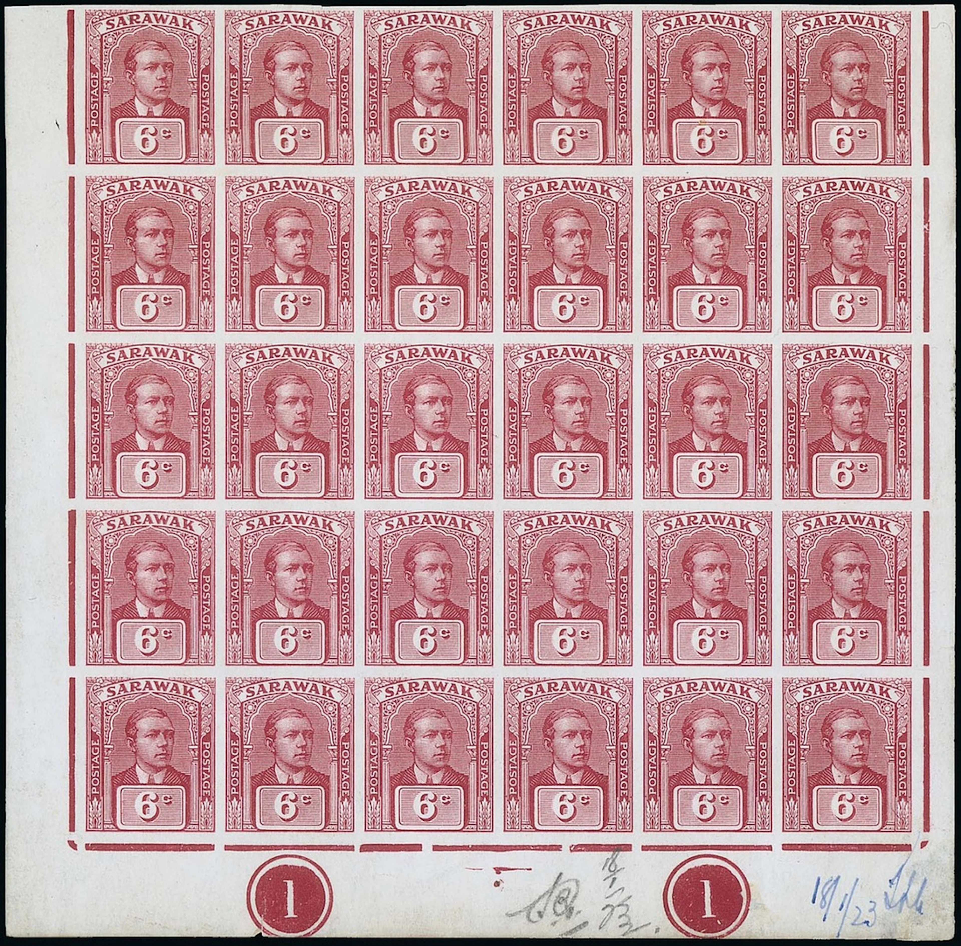 Sarawak 1922-23 New Colours and Values Imperforate Plate Proofs 6c.