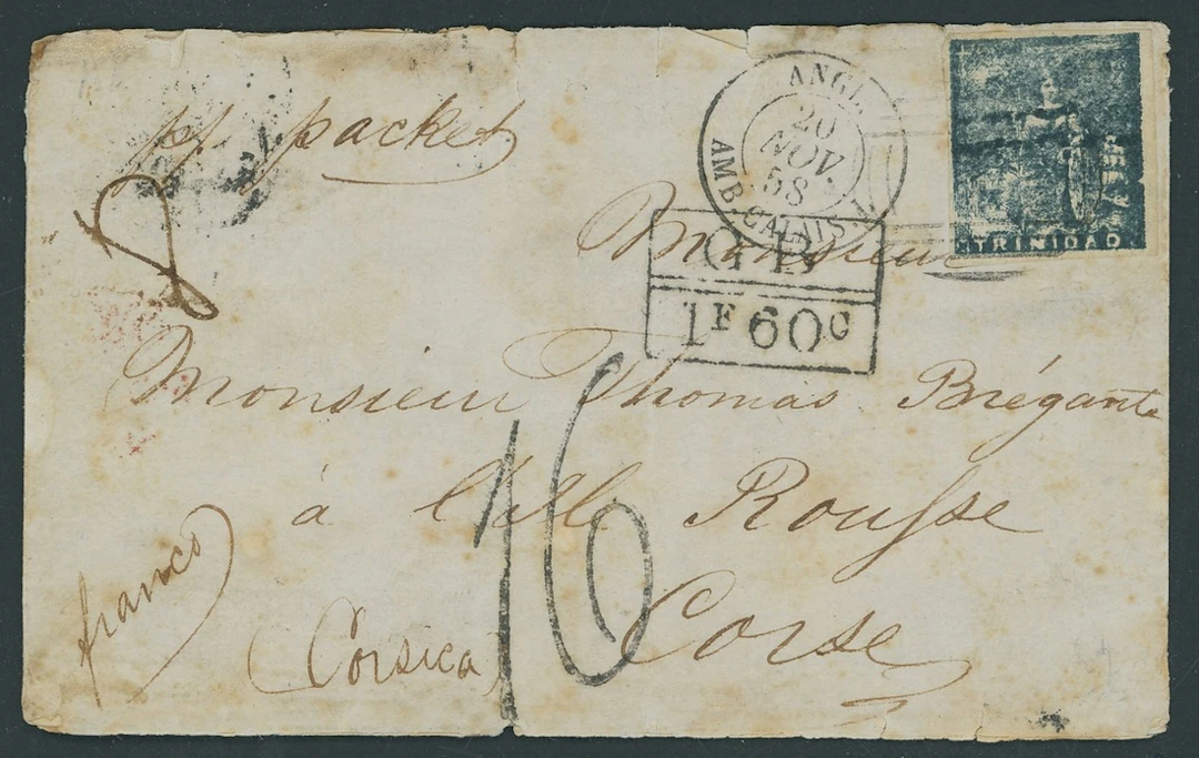 Trinidad Covers and Cancellations 1858 (25 Oct.) entire to Corsica
