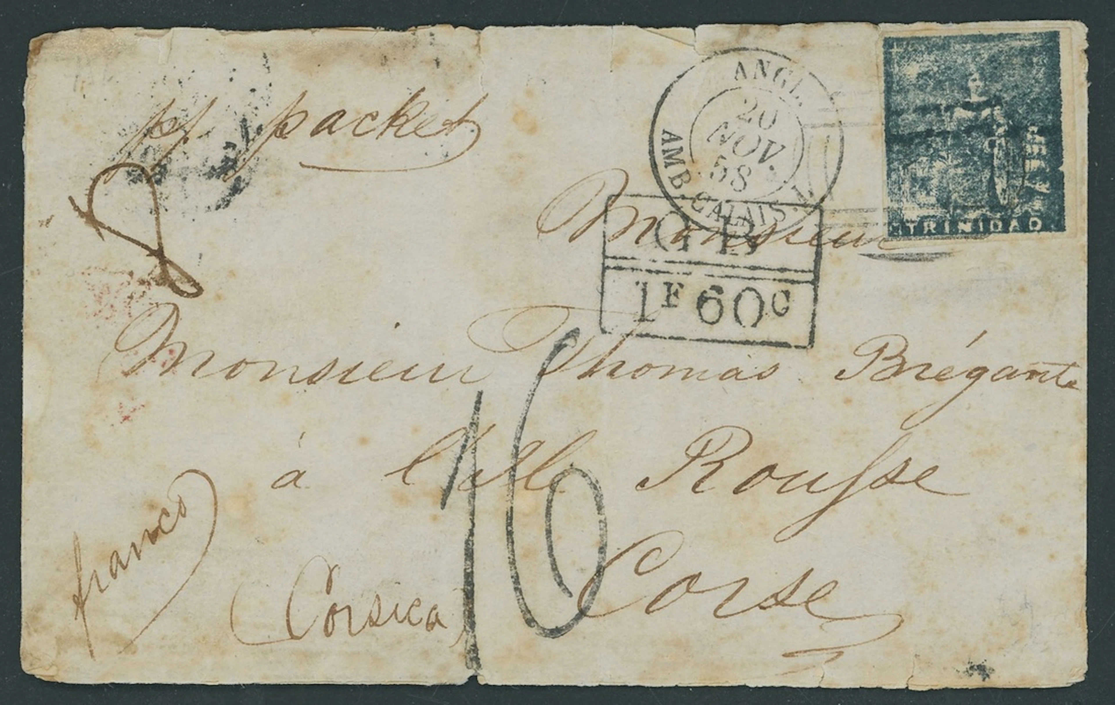 Trinidad Covers and Cancellations 1858 (25 Oct.) entire to Corsica