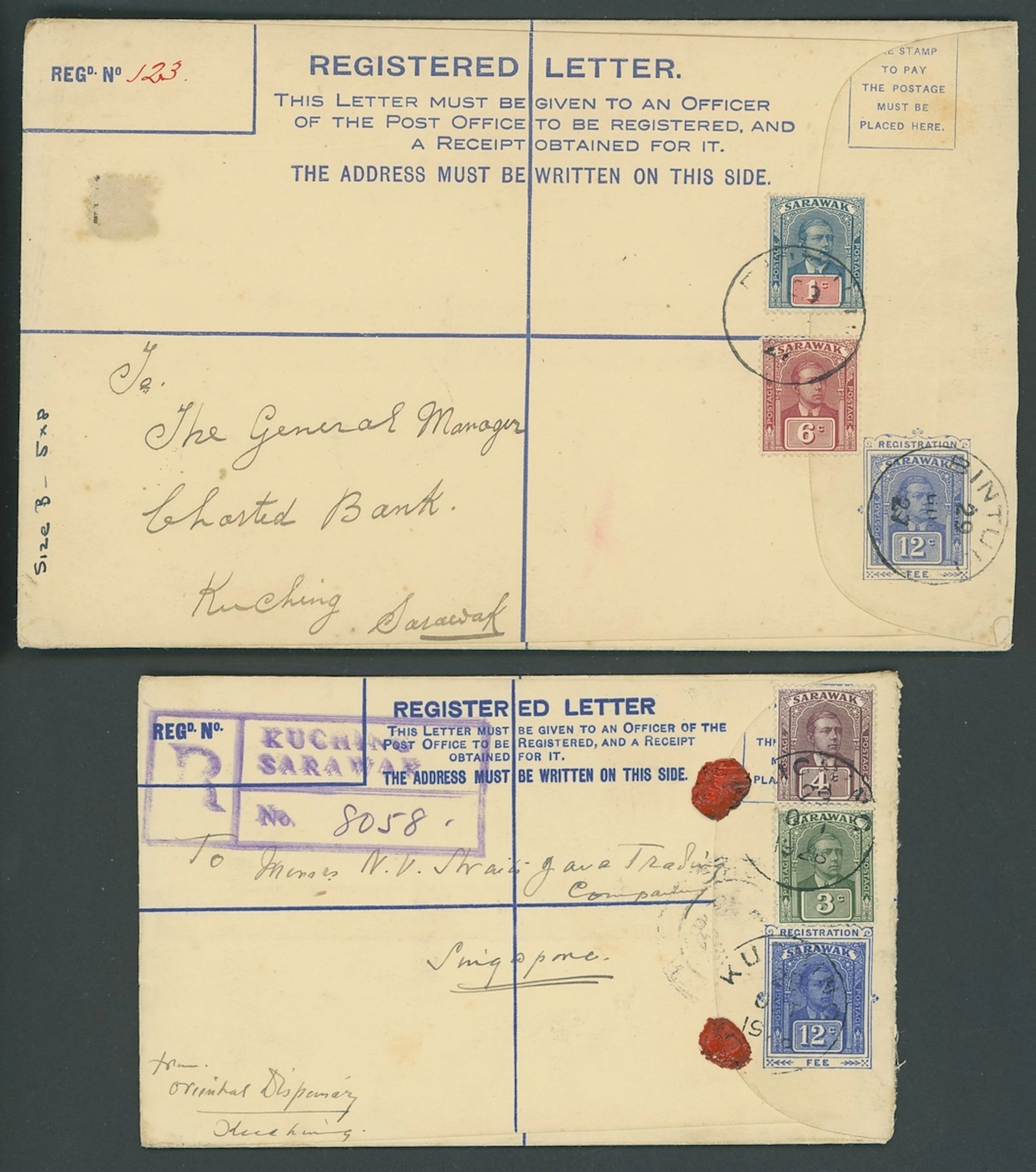 Sarawak Postal Stationery Registered Envelopes 1924-25 12c. 1927 (29