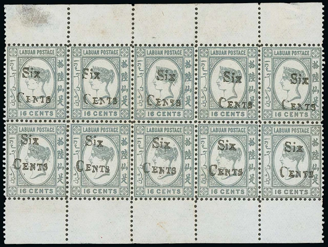 Labuan 1892 (Dec.) Surcharges 6c. on 16c. grey, a complete sheet (5x2)