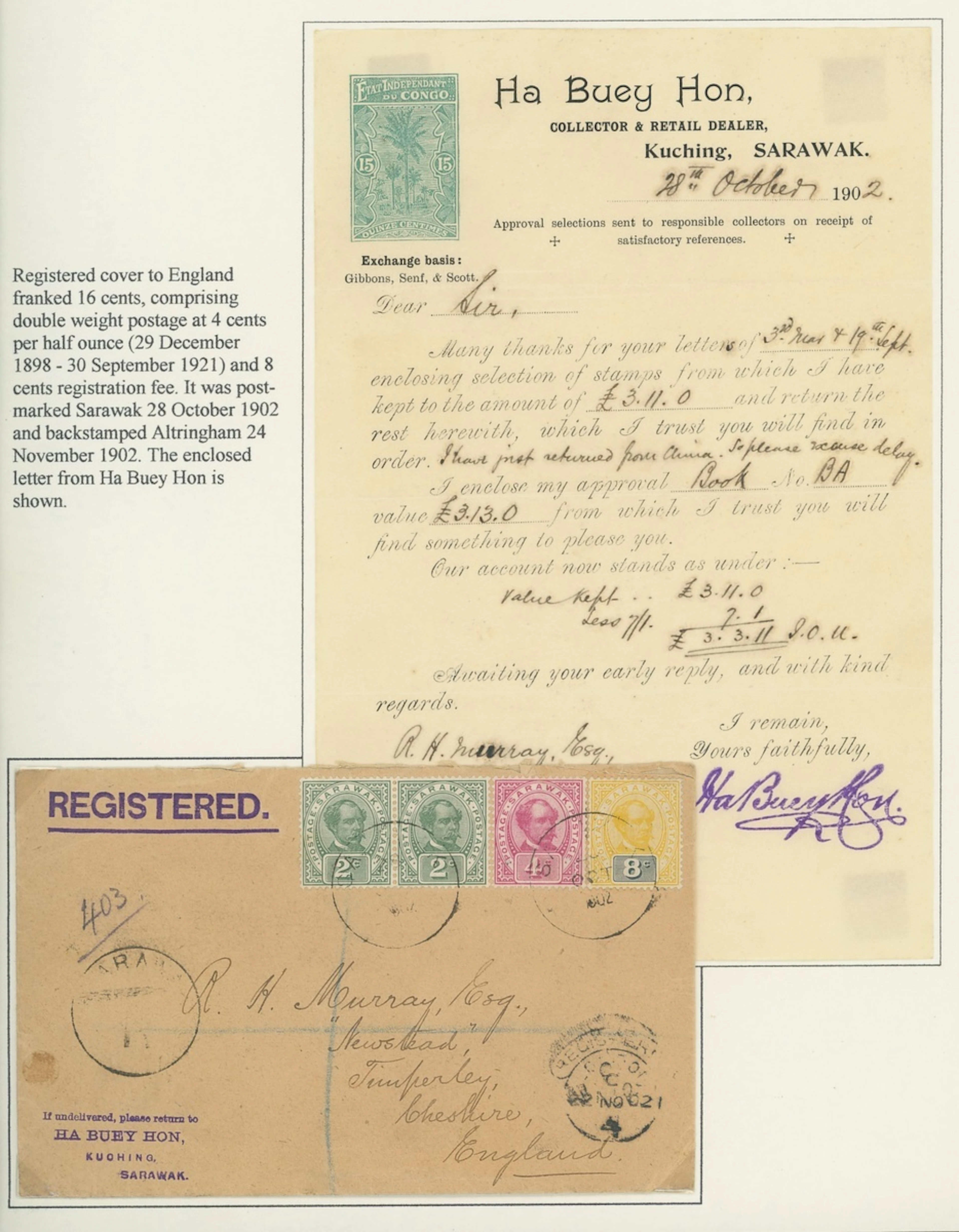 Sarawak 1899-1908 "postage postage" Issue Covers 1902 (28 (Oct.) and