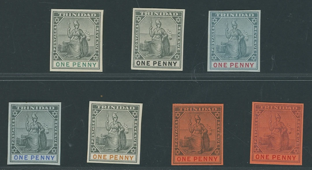 Trinidad 1900-06 1d. imperforate colour trials (7) in different colour