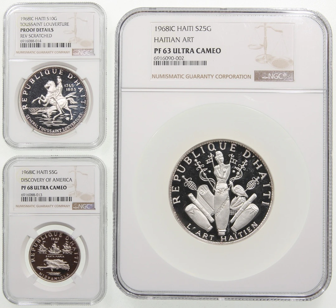 Haiti, silver proof set of 5, 10 and 25 gourdes, 1968, 10th Anniversary
