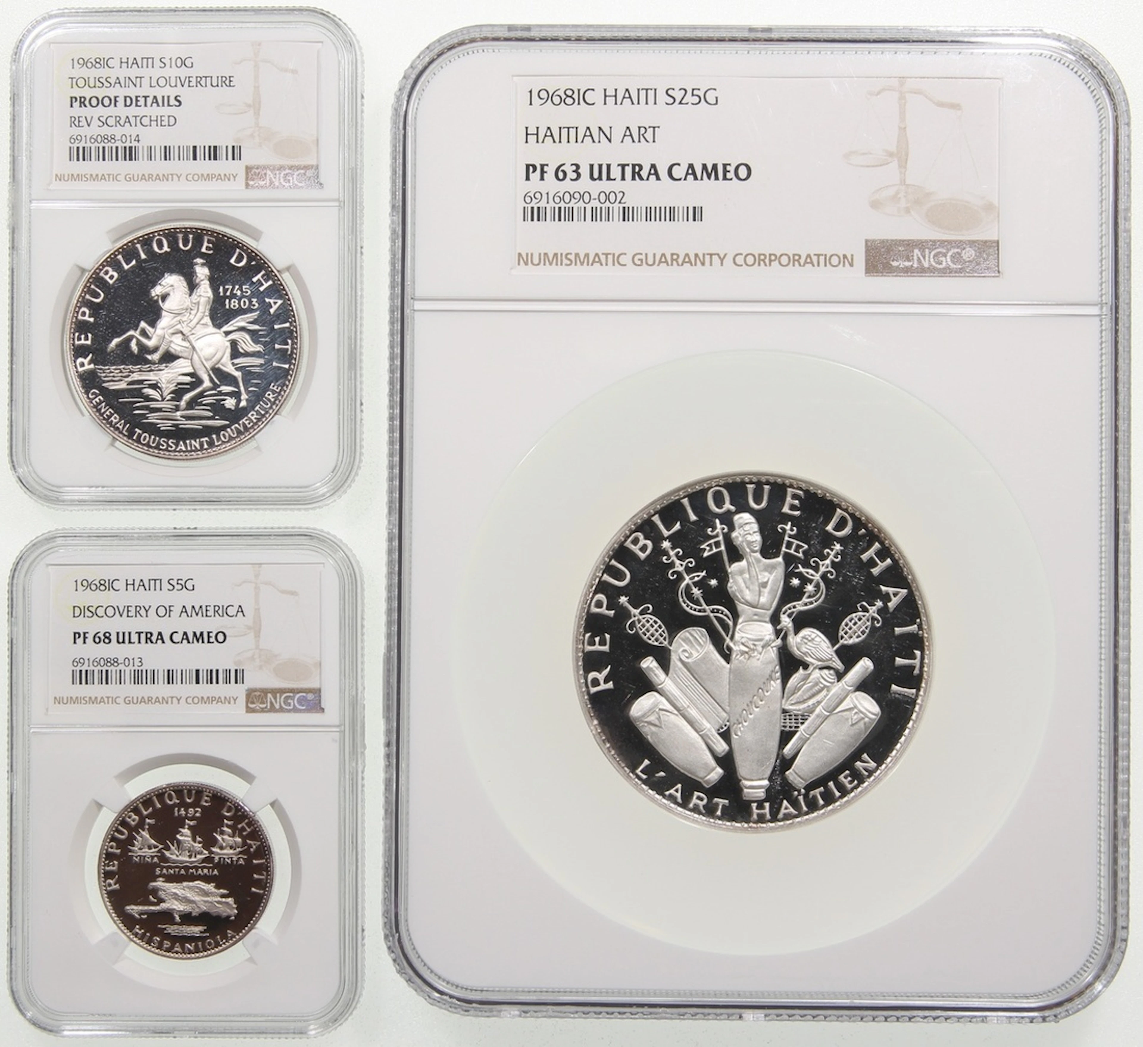 Haiti, silver proof set of 5, 10 and 25 gourdes, 1968, 10th Anniversary