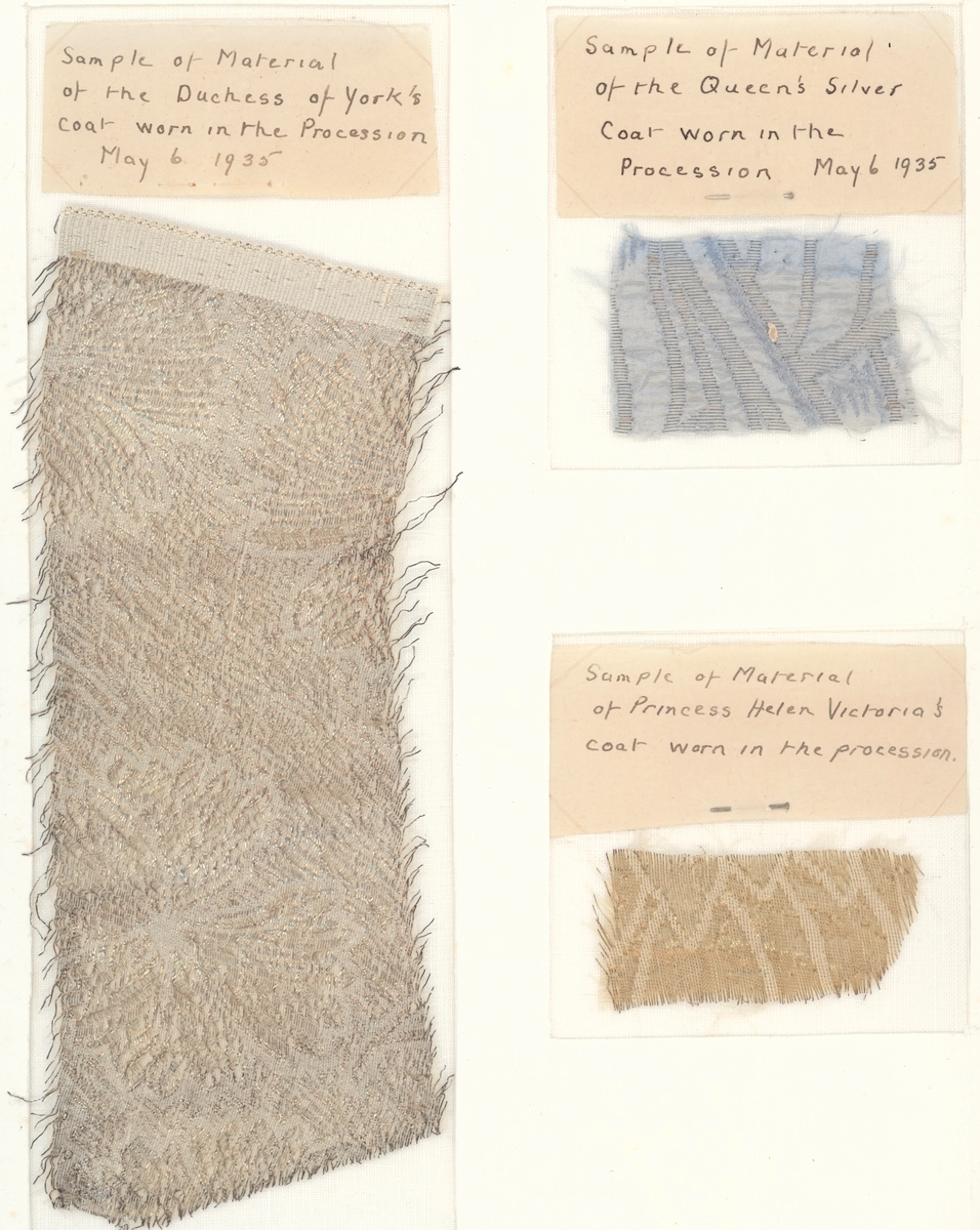 Great Britain Royalty Silver Jubilee 1935 Six textile samples identified