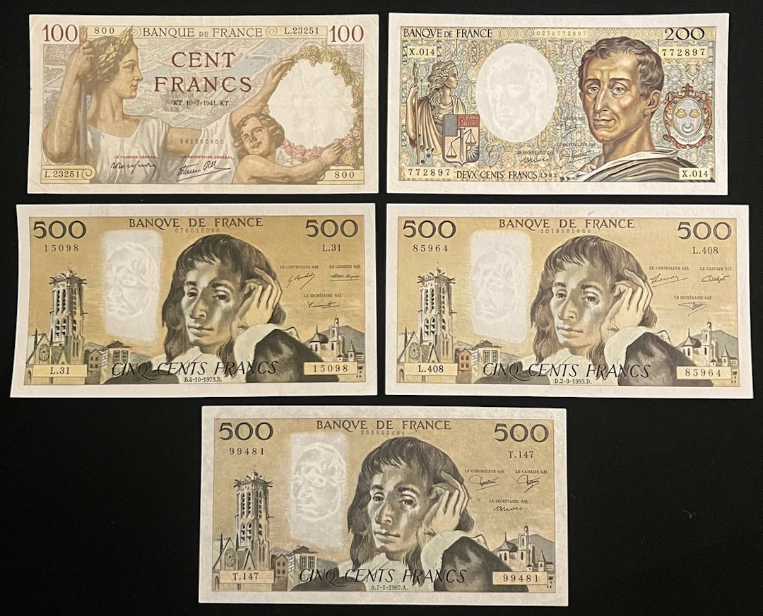 Banque de France, a group of 5x, including, 100 francs 1941, 500 francs