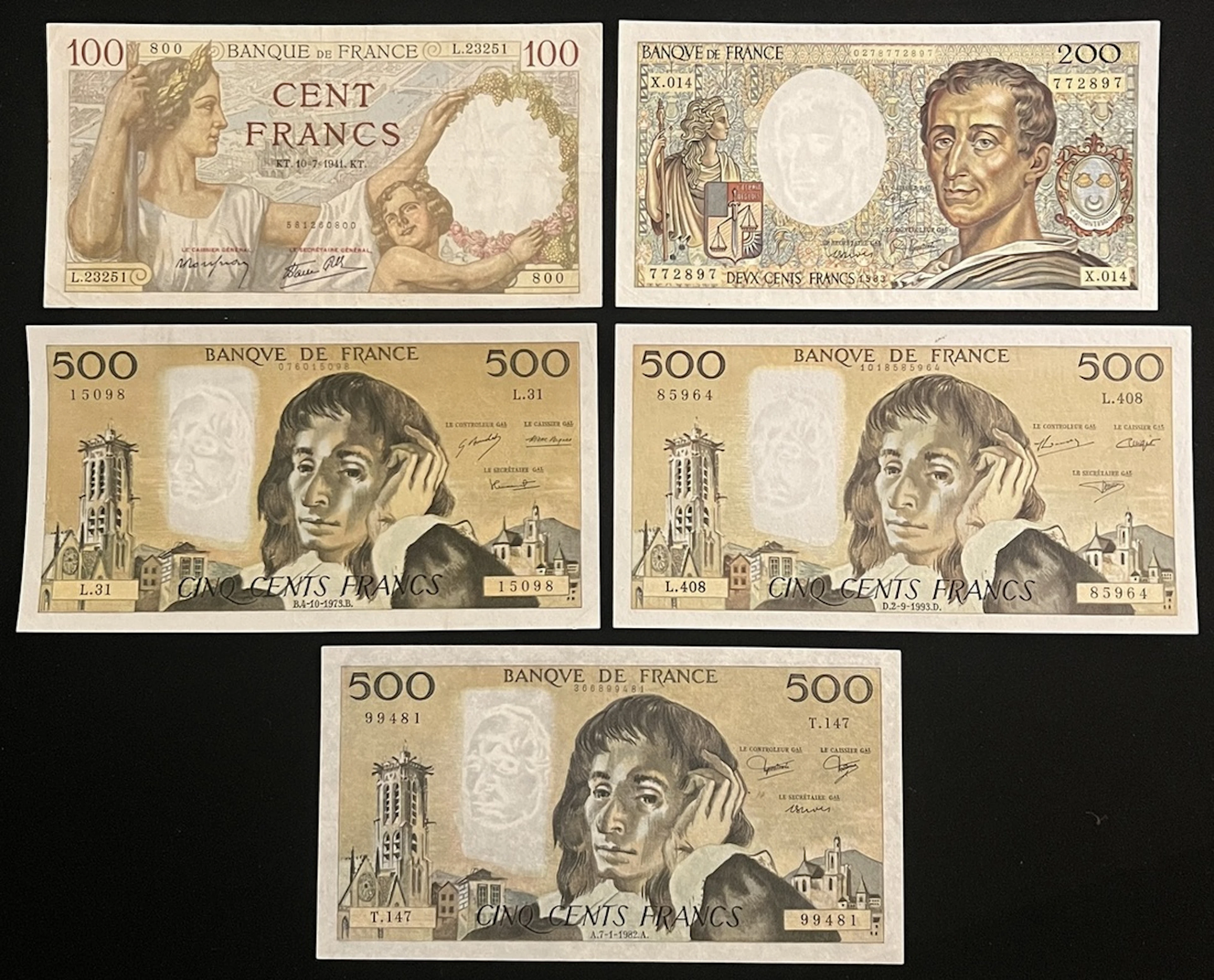 Banque de France, a group of 5x, including, 100 francs 1941, 500 francs