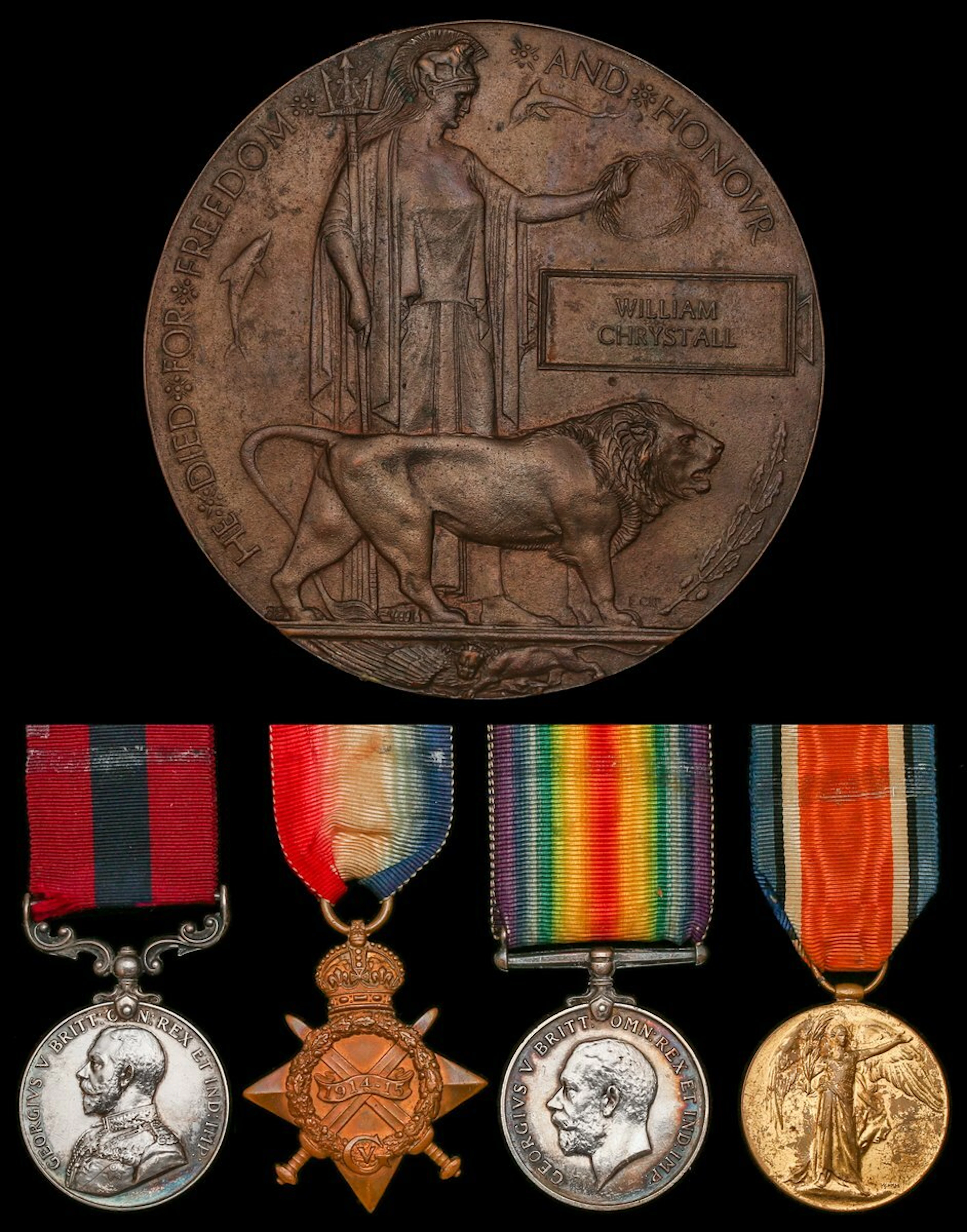 A Great War D.C.M. group of four to Sergeant W. Chrystall, Royal Artillery