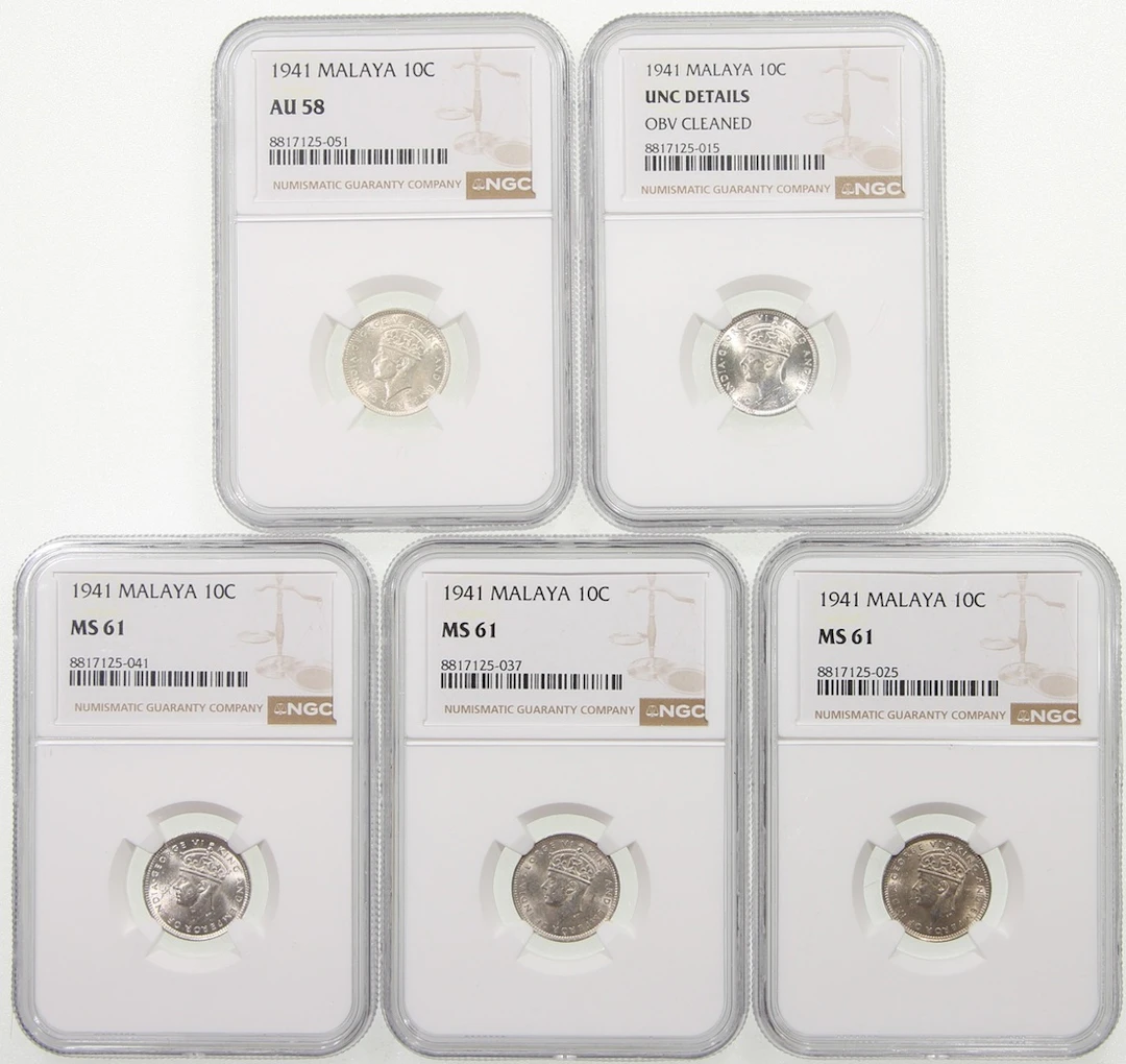 Malaya, [NGC UNC Details, AU58-MS61] a group of 5x 10 cents, 1941