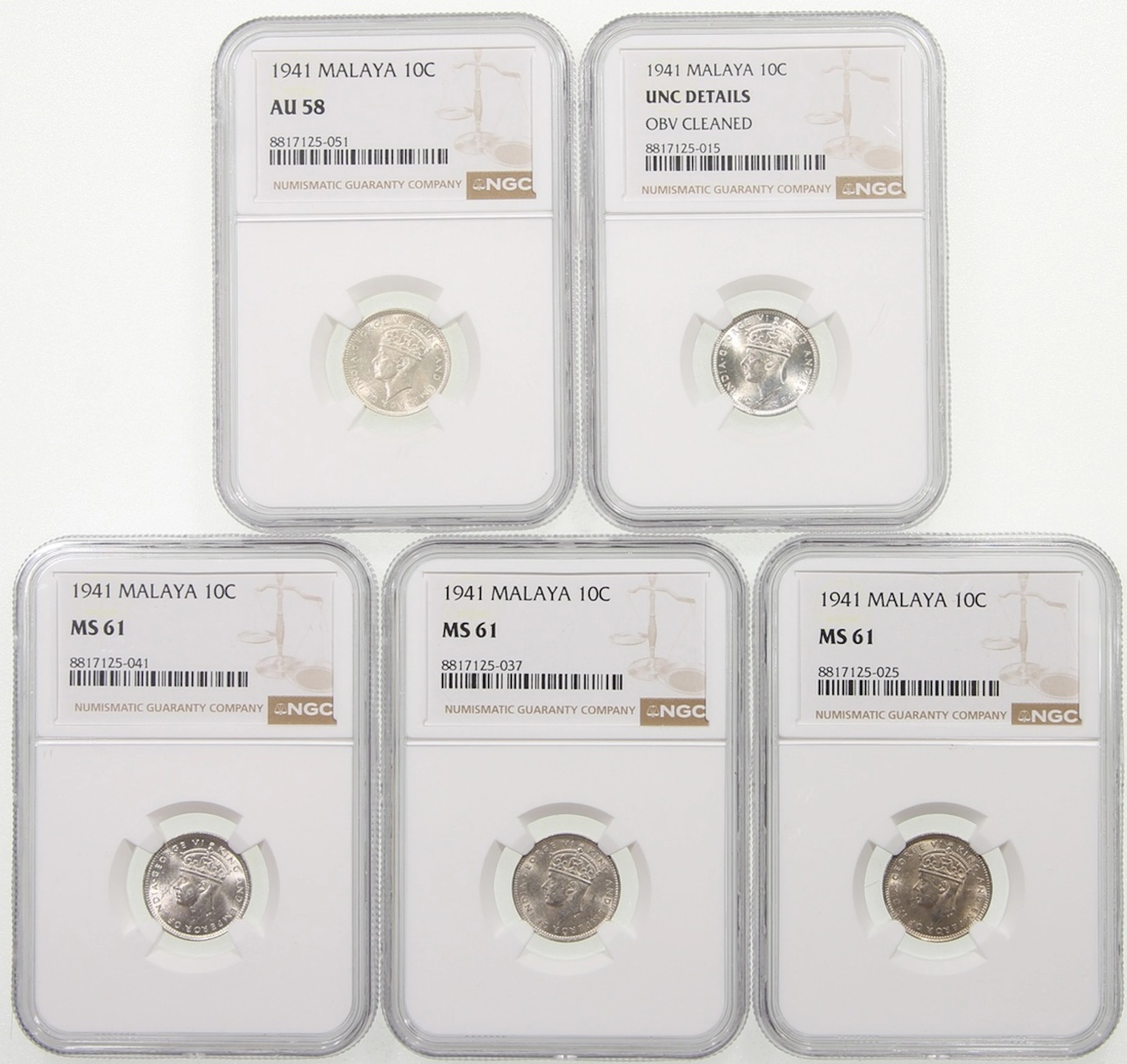 Malaya, [NGC UNC Details, AU58-MS61] a group of 5x 10 cents, 1941