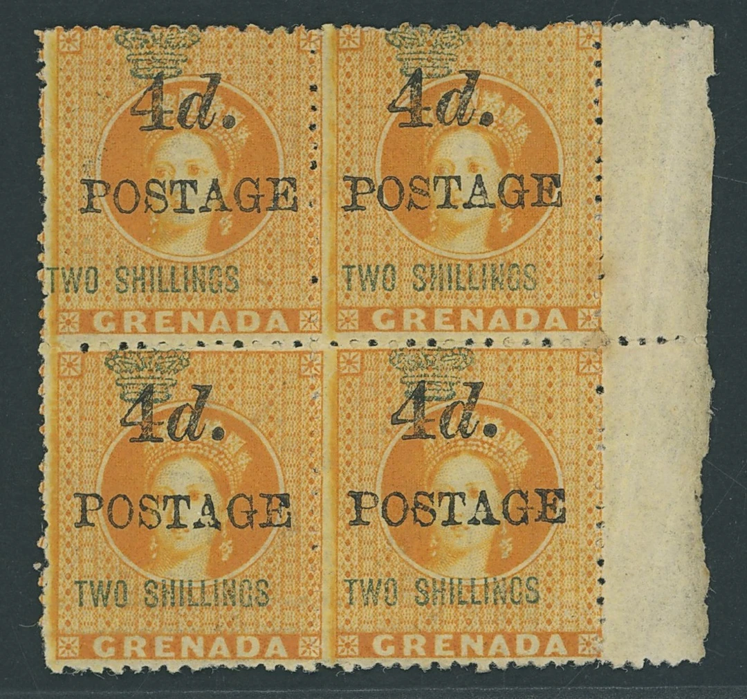 Grenada Issued Stamps 1888 (May), 5mm. spacing, 4d. on 2/- orange