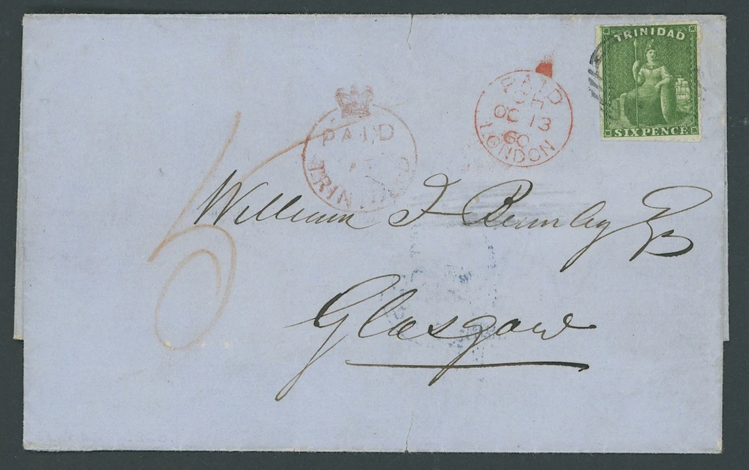 Trinidad Covers and Cancellations 1860 (23 Sept.) entire to Glasgow