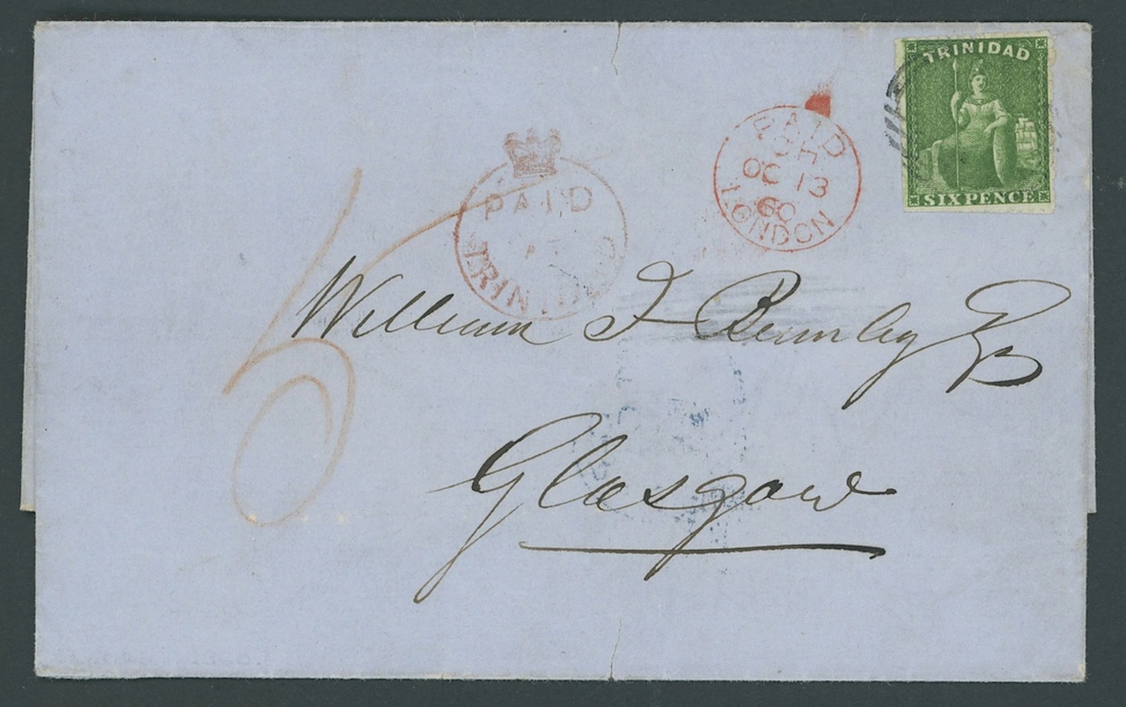 Trinidad Covers and Cancellations 1860 (23 Sept.) entire to Glasgow