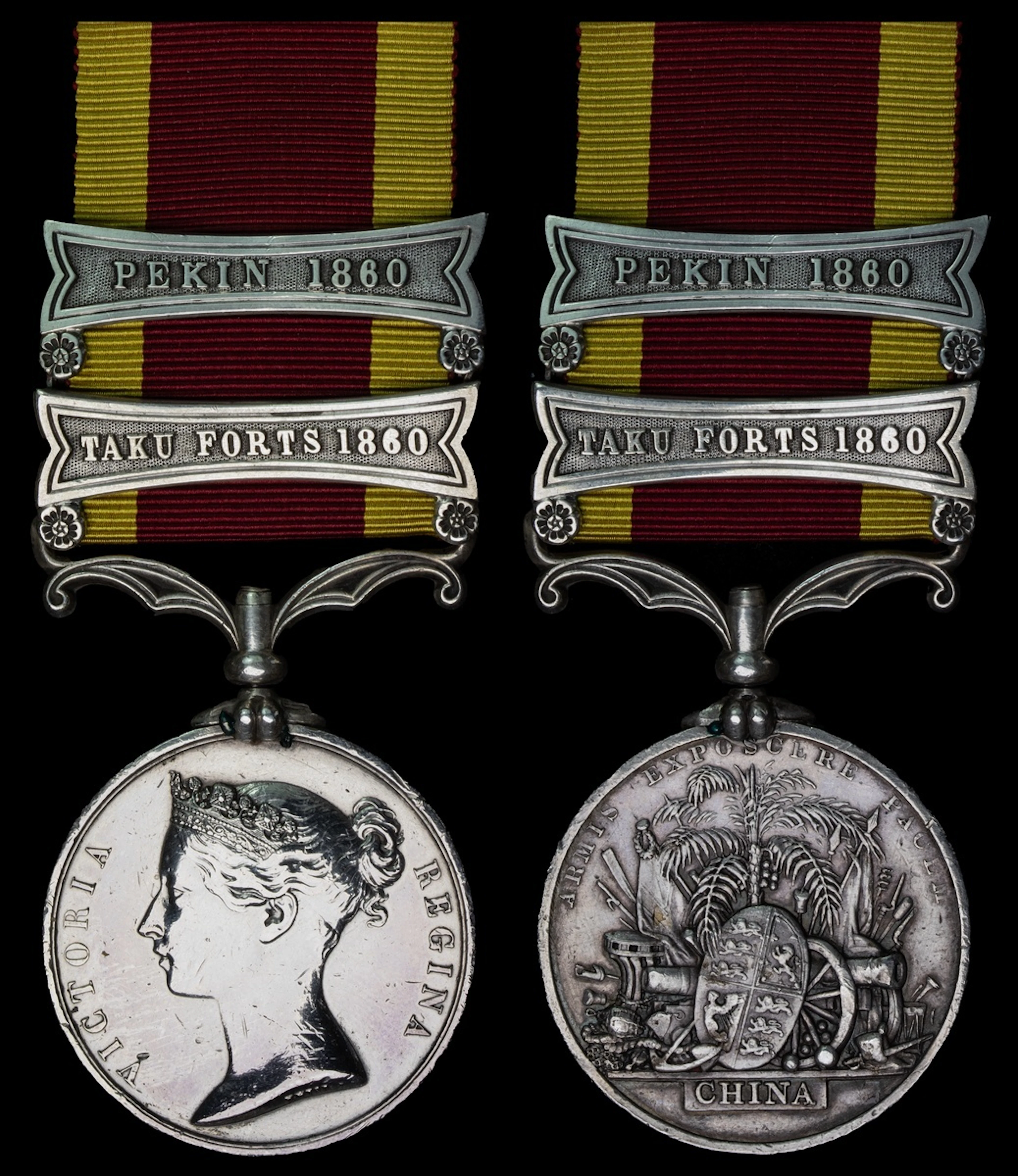China 1856-60, 2 clasps, Taku Forts 1860, Pekin 1860 (Thos Lyons 67th