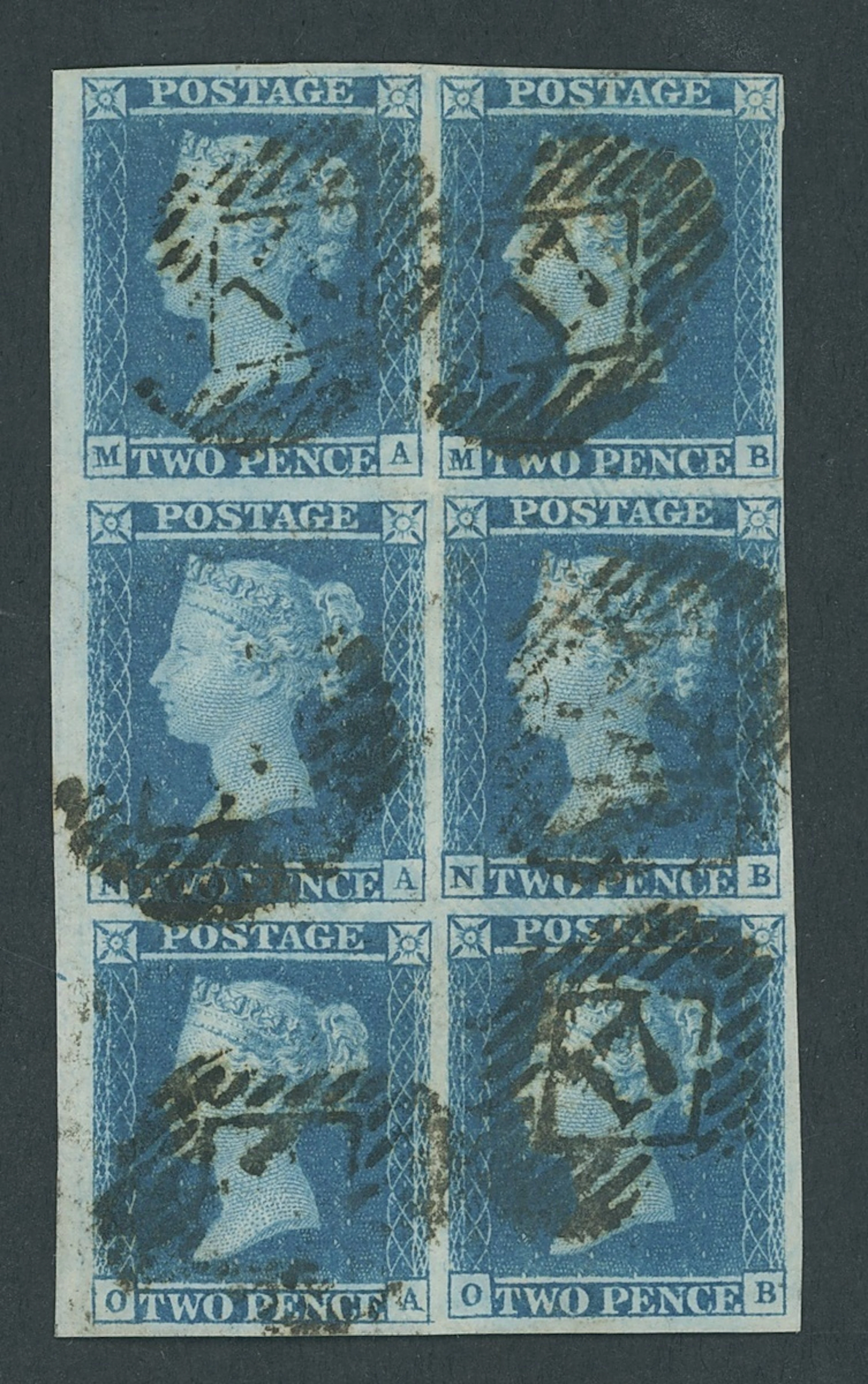 Great Britain 1841 Two Pence Blue Plate 3 MA-OB, block of six (2 x