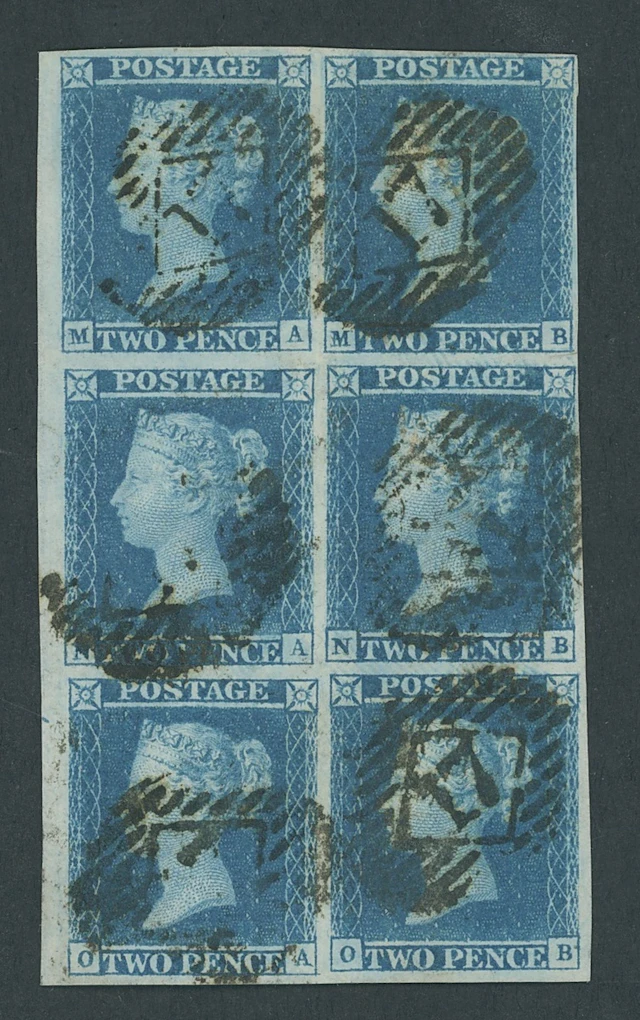 Great Britain 1841 Two Pence Blue Plate 3 MA-OB, block of six (2 x
