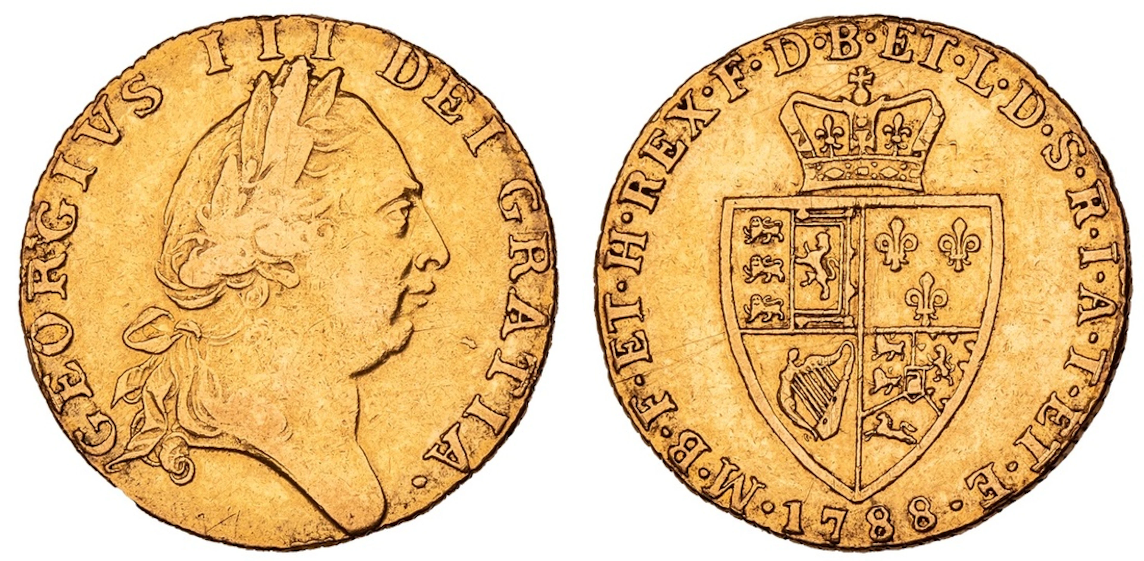 George III (1760-1820), 'Spade' Guinea, 1788, fifth laureate head