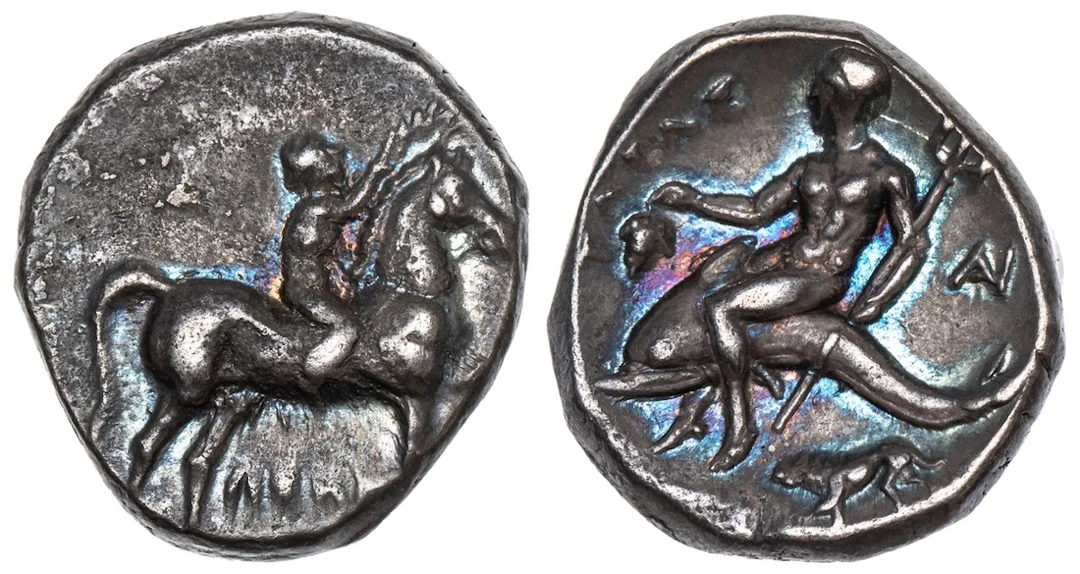 Calabria, Tarentum, AR Nomos, struck 272-240 BC, LEWN, nude youth