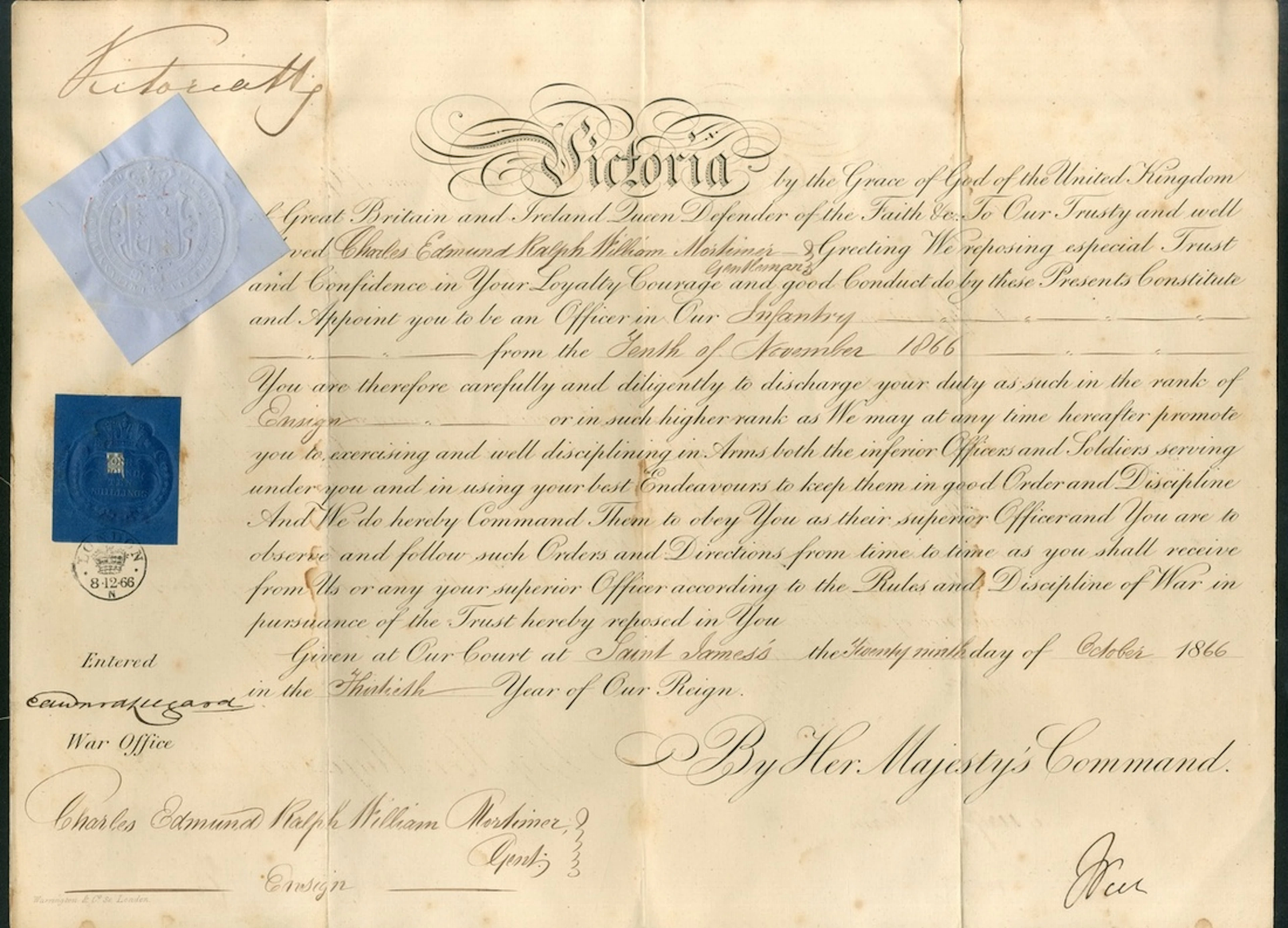 Great Britain Royalty Queen Victoria 1866 Warrant of Appointment of