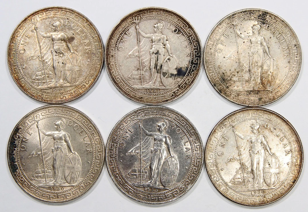 Great Britain, Trade Dollar, (6), 1897 (1), 1900 (1), 1929 (1), 1930 (3)