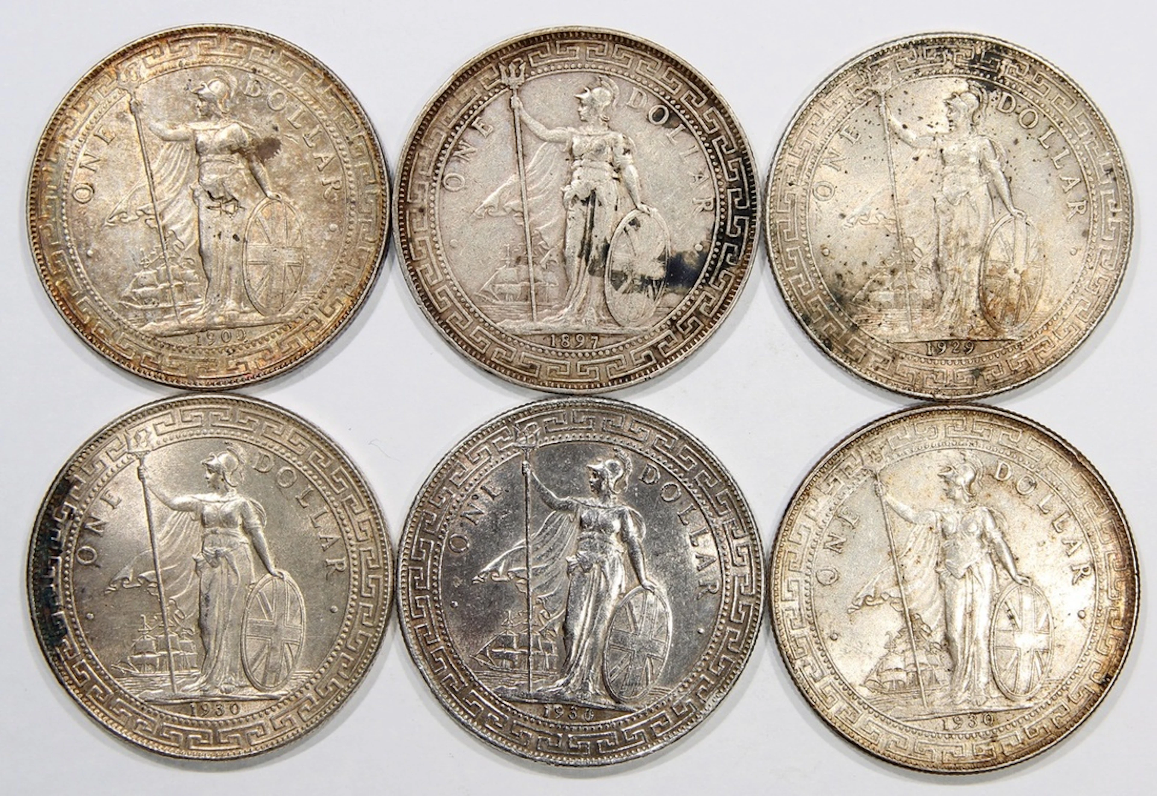 Great Britain, Trade Dollar, (6), 1897 (1), 1900 (1), 1929 (1), 1930 (3)