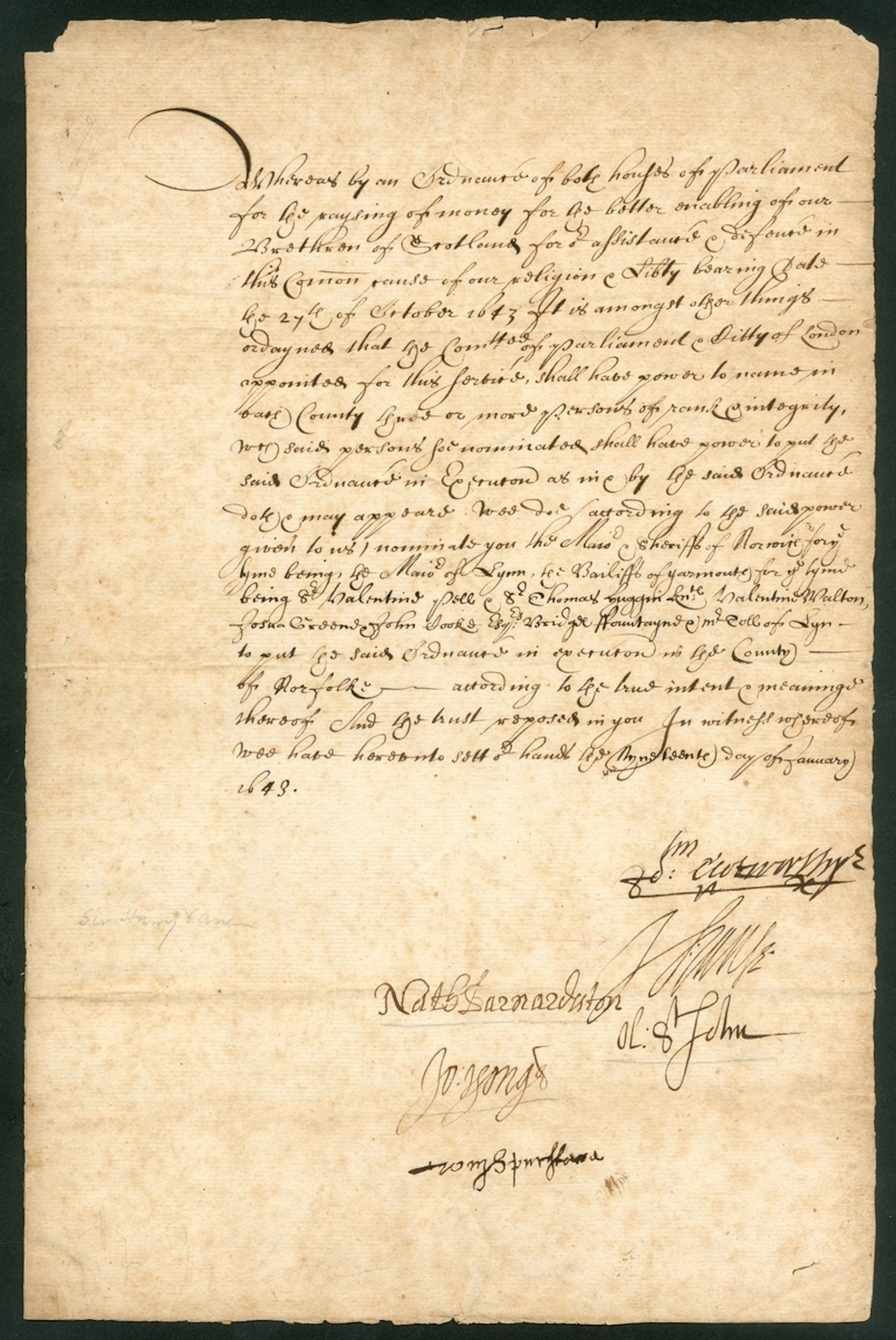 1644 (19 Jan.) document signed Henry Vane the younger, Nataniel Barnardiston