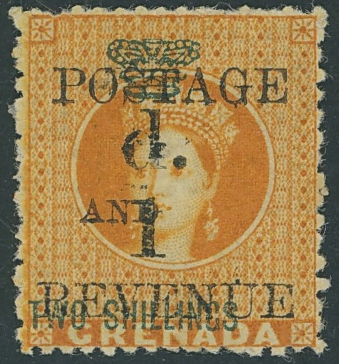 Grenada Issued Stamps 1890 (Dec.) 1d. on 2/- orange, variety first