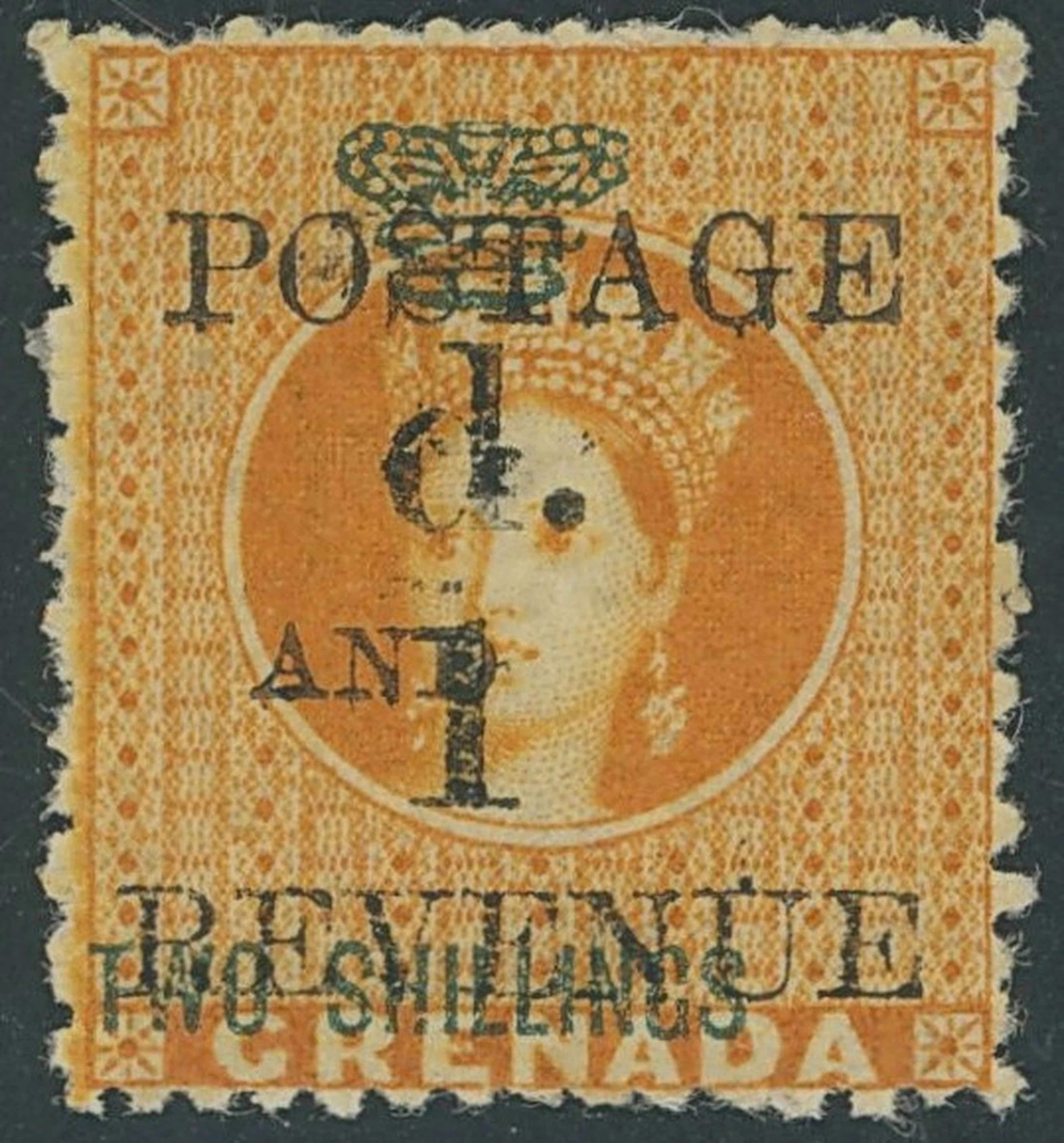 Grenada Issued Stamps 1890 (Dec.) 1d. on 2/- orange, variety first